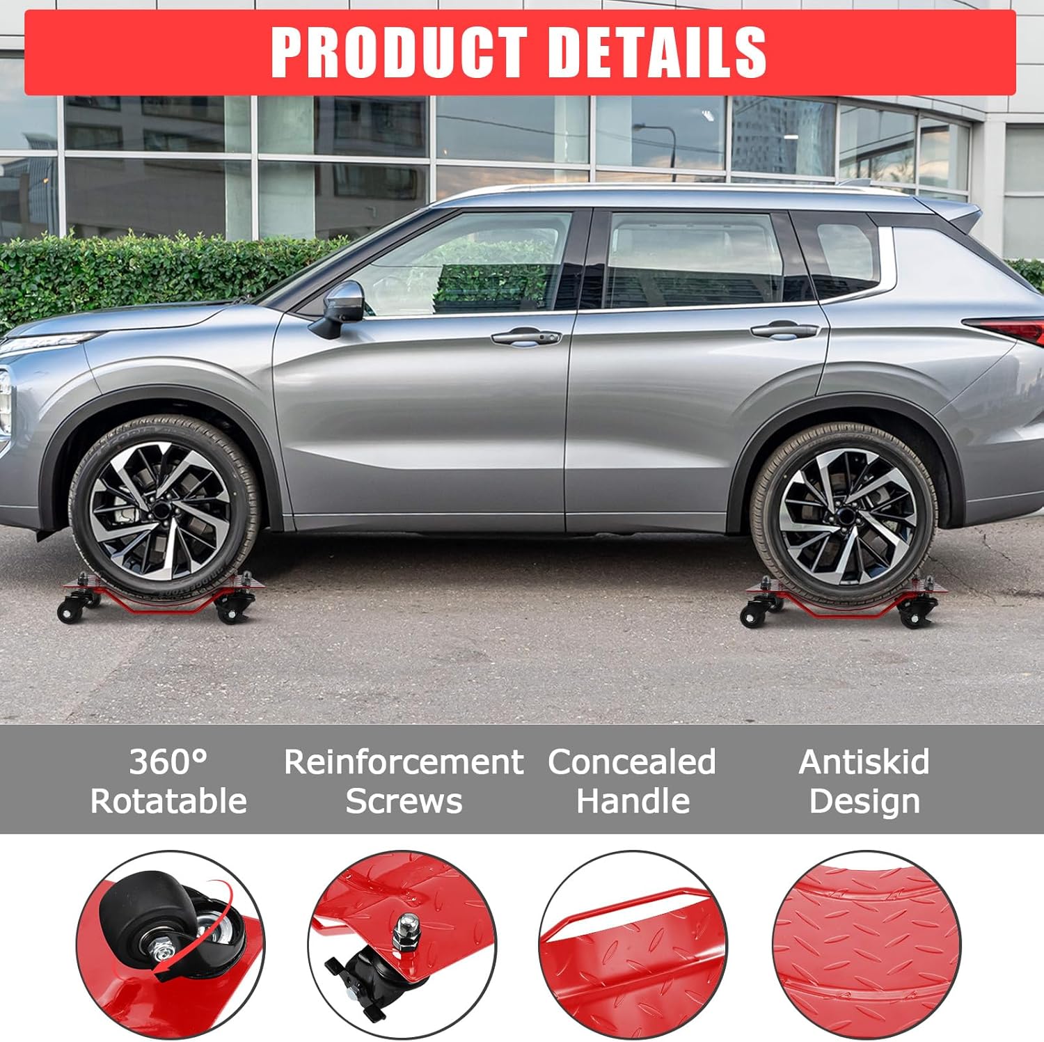 Towallmark Wheel Dolly Set of 4, 6000LBS Capacity Car Dolly Wheels, Vehicle Dolly with 360°Rotational Wheel, Steel Tire Skates with Brakes for Moving Cart, Trucks, Nylon Wheels, 5mm Steel Plate, Red