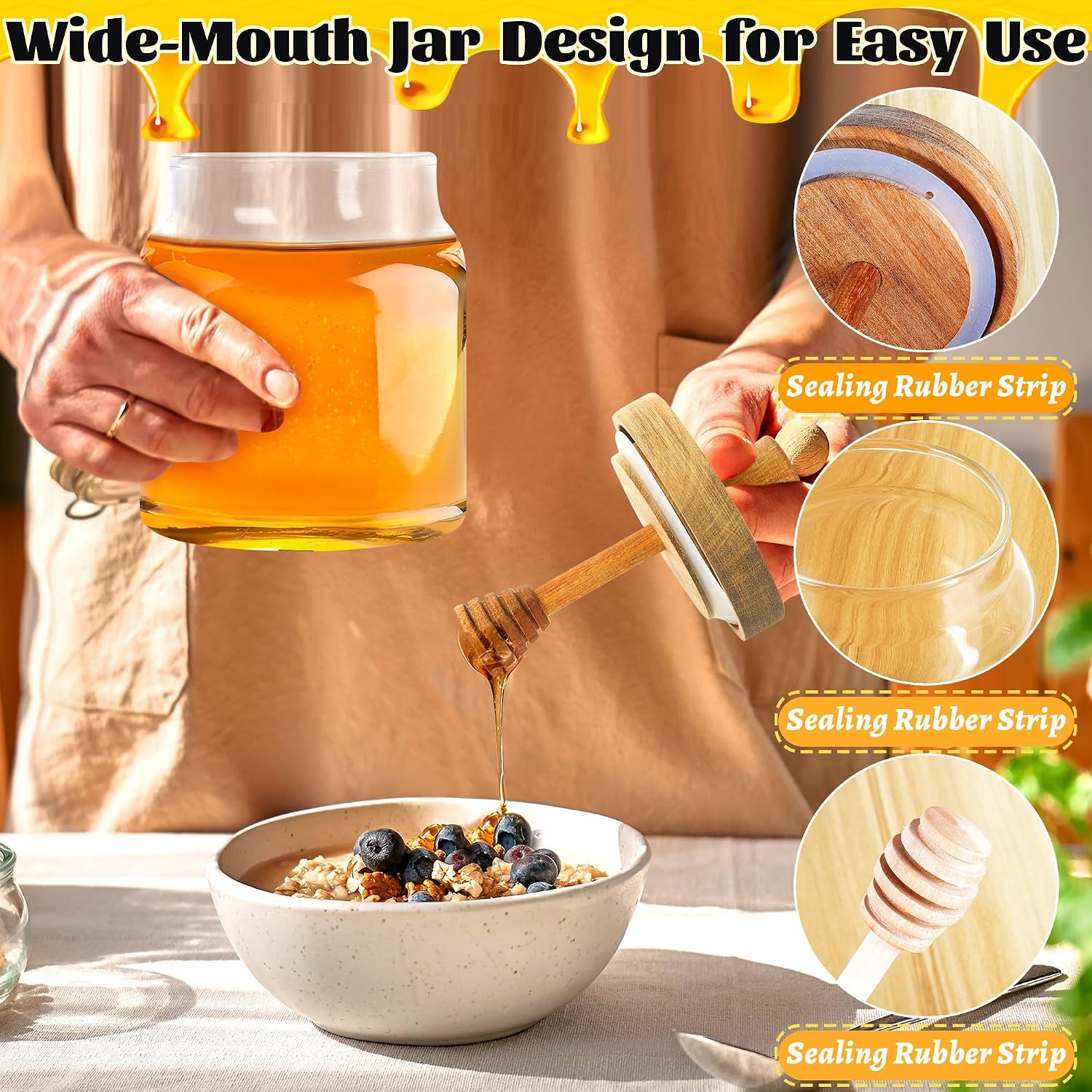Loscarol Honey Pot with Dipper and Lid - 18oz Glass Honey Jar with Wooden Honey Dippers Stick Set, Wide Mouth Honey Containers - Airtight Syrup Dispenser for Home Kitchen