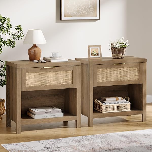 Eclatara Rattan Nightstand Set 2: Boho End Table with Drawer and Storage Shelf, Farmhouse Cane Accent Bedside Night Stan