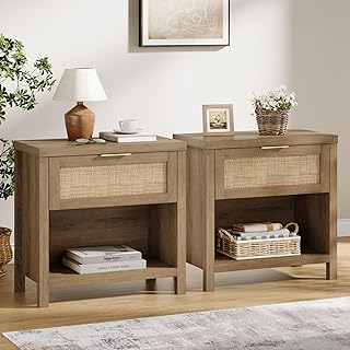 Rattan Night Stands Set of 2, Boho Bedside Table with Drawer and Storage Shelf, Farmhouse Accent Nightstands Side Table for Bedroom Sofa Office (2, Reclaimed Caramel Oak)