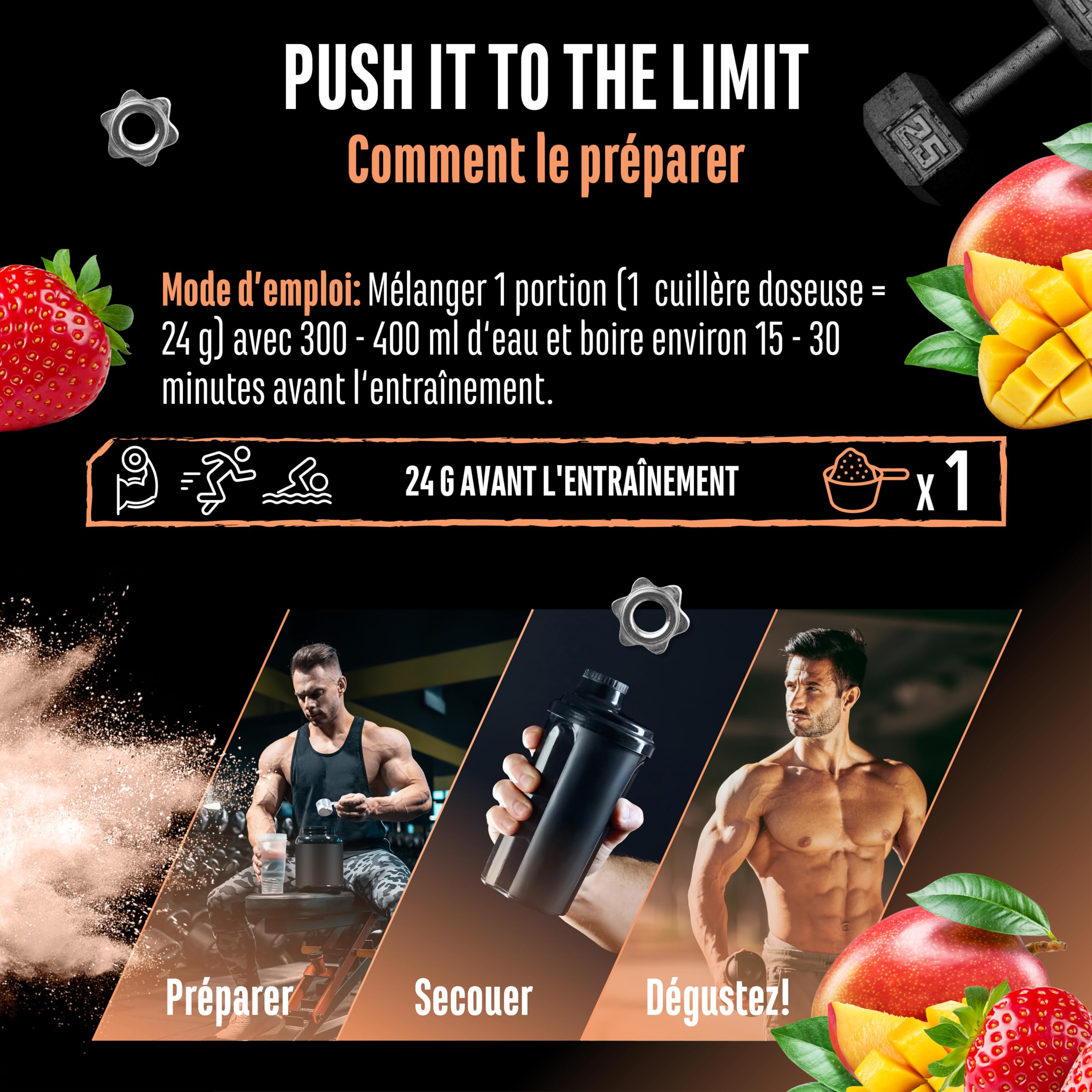 Push it to the Limit - Pré-Entraînement avec L-Arginine + Citrulline + L-Tyrosine + L-Théanine + L-Carnitine + AAKG + Taurine + Rhodiola Rosea + Caféine - Hautement Dosé - 360 g - Mangue Fraise