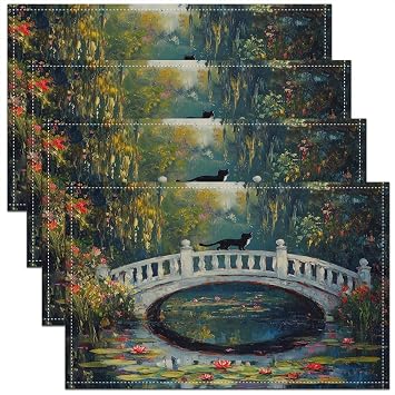 Funny Black Cat Table Place Mats,Oil Paintings Black Cat Placemats Set of 4,Kids Boys Girls,Cute Animal Cat Placemat for Kitchen Dining Table Decor Indoor Outdoor,Soft Table Mats