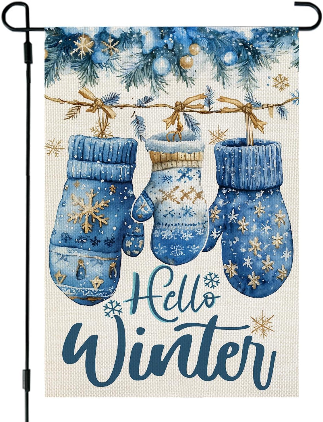 CROWNED BEAUTY Hello Winter Garden Flag Mitten 12x18 Inch Double Sided Blue Decoration for Outside Yard CF1904-12