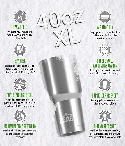 Miniatura 2 de BEAST - Juego de vasos de 40 onzas con asa, taza de café de acero inoxidable + 2 cepillos para pajillas, caja de regalo y mango negro