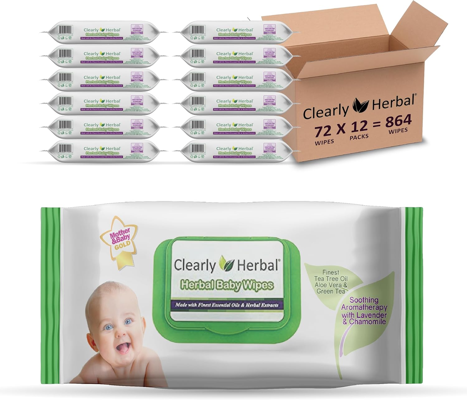 Baby Wipes, made with Essential Oils and Natural Herbal Extracts, Parent's Choice, Case Pack 864 Plant Based Wipes (12 Packs x 72 Count)