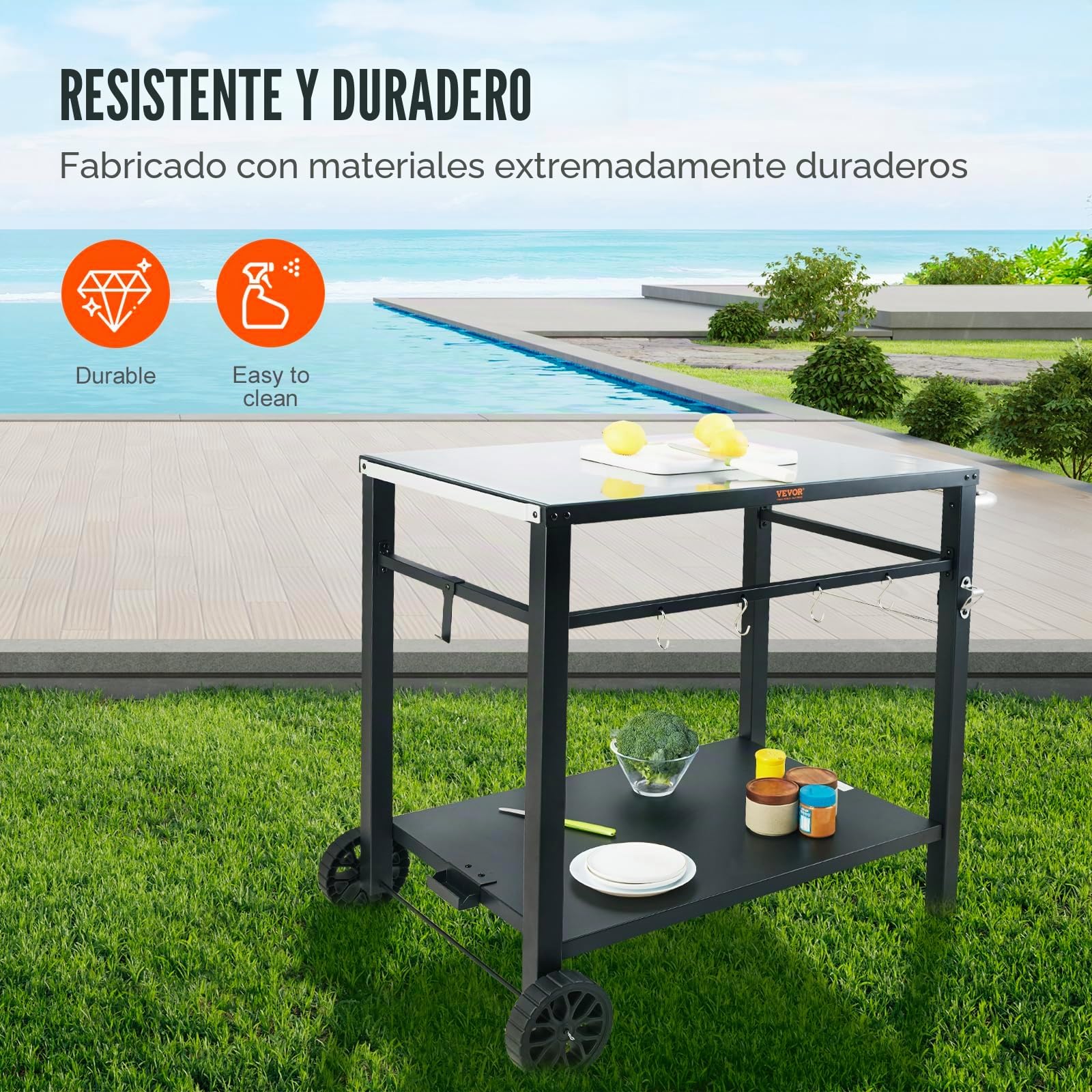 VEVOR Carrito de Comedor para Barbacoa al Aire Libre con Estante Doble, Mesa Móvil de Preparación de Alimentos para Barbacoa, Mesa de Hierro Plegable Multifuncional Carro para Exterior 1000x640x835 mm