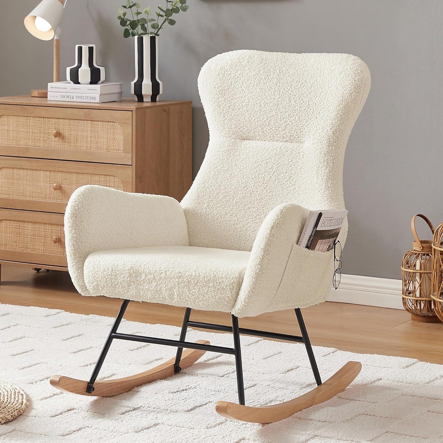 DKLGG Nursery Rocking Chair, Soft Teddy Fabric Rocking Chair Padded Seat with High Backrest for Nursery, Comfy Wingback Glider Rocker with Solid Wood Base for Living Room Bedroom(Beige)