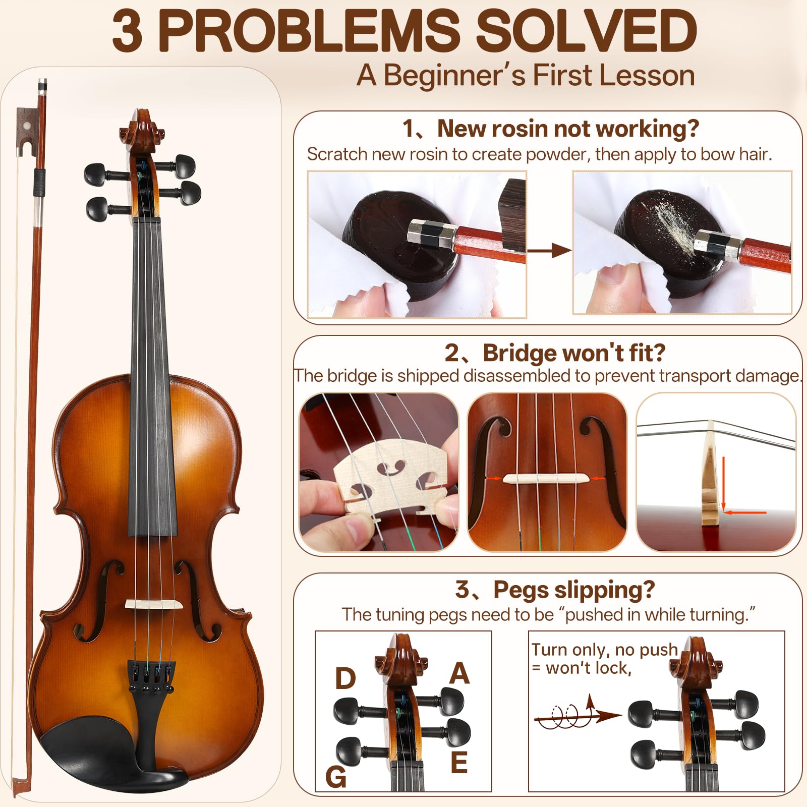 Kmise Kit de iniciación de violín de tamaño completo 4/4 aprobado por maestros para adultos, principiantes, estudiantes, violines acústicos de ébano de alta densidad, paquete de violín con funda, arco
