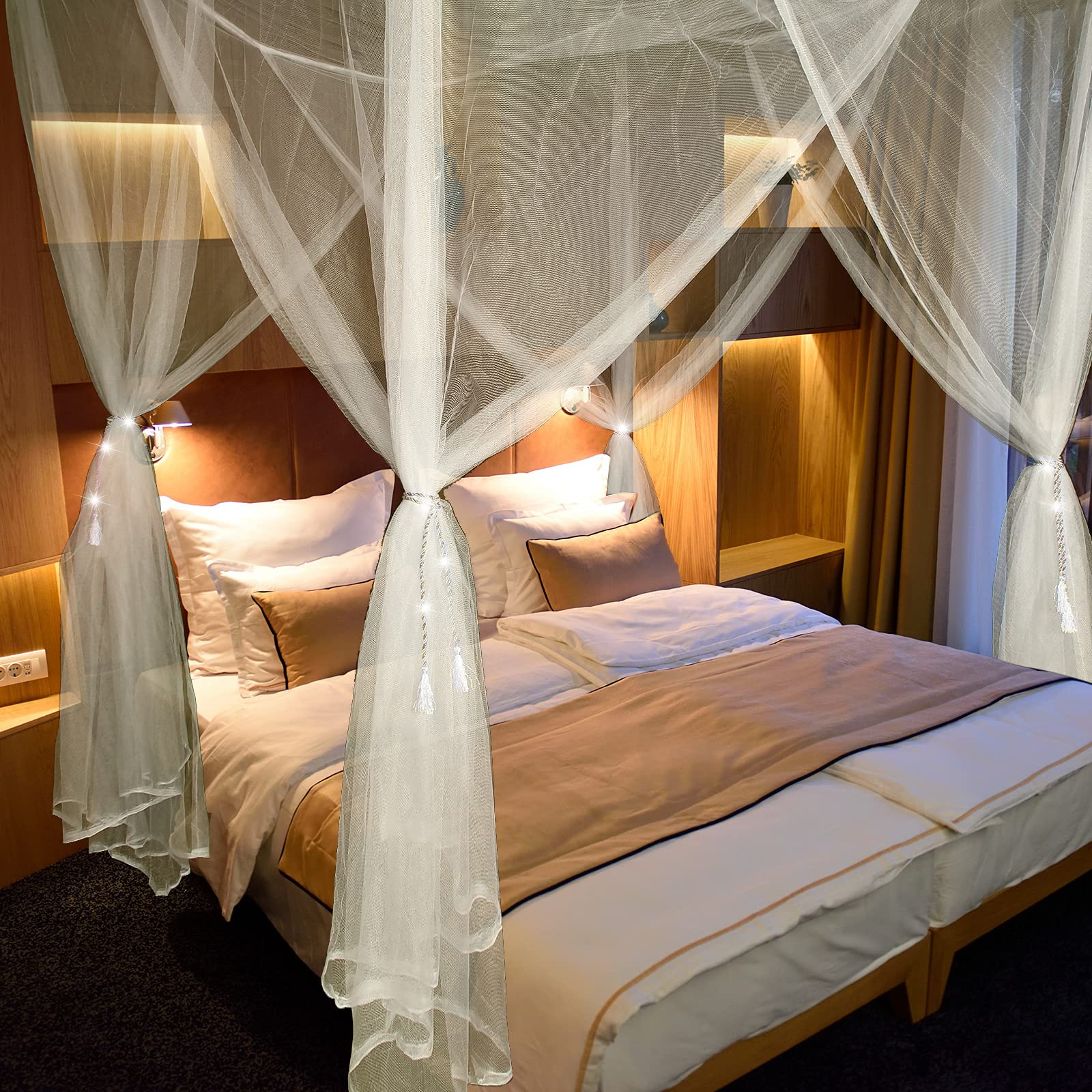 4 postes de esquina Mosquitera cortinas de cama grandes mosquiteros para dormitorio, decoración de princesa, cortinas con 4 colgantes de borla para cama matrimonial, Queen, King (beige) 7