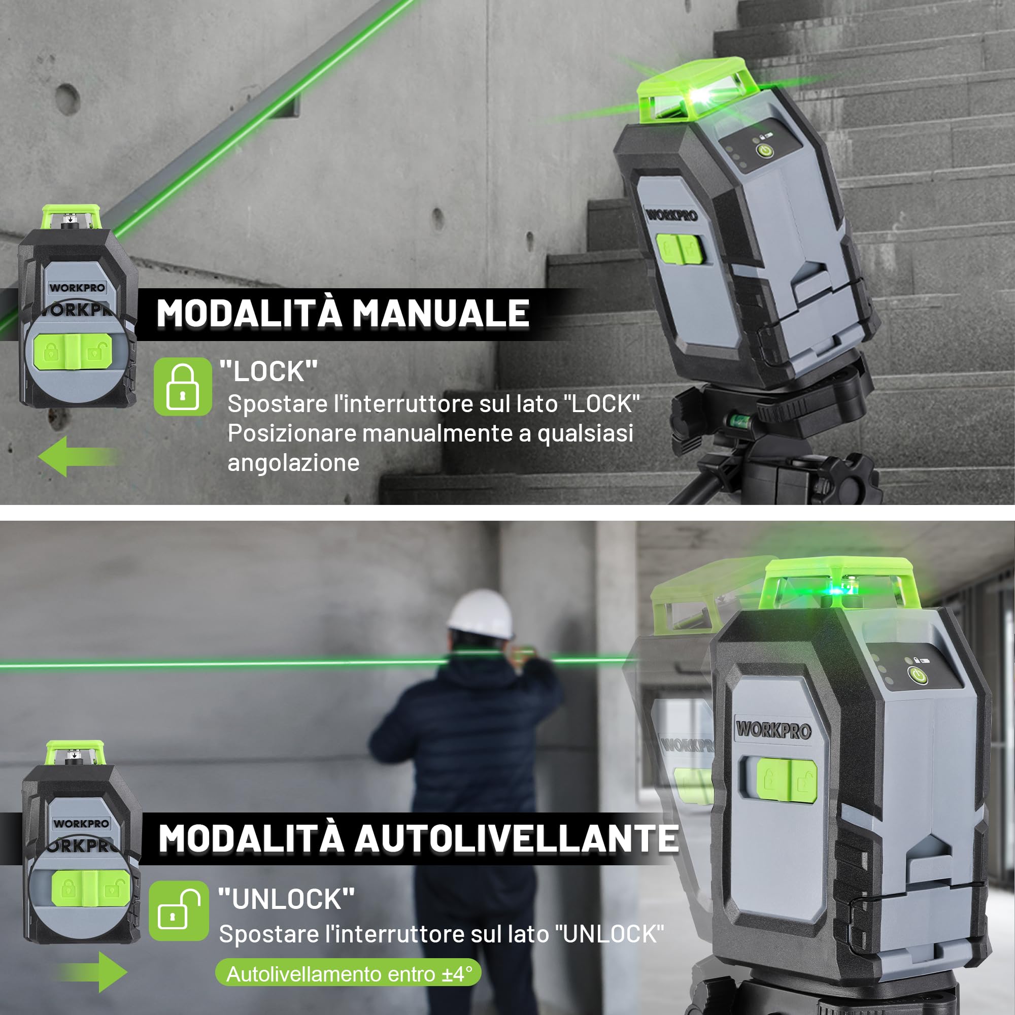 WORKPRO livella laser autolivellante 360°Con treppiede, 30M livello laser con linee verdi orizzontali a 360° e vertical, Piastra obiettivo, occhiali verdi per la costruzione di piastrelle a soffitto