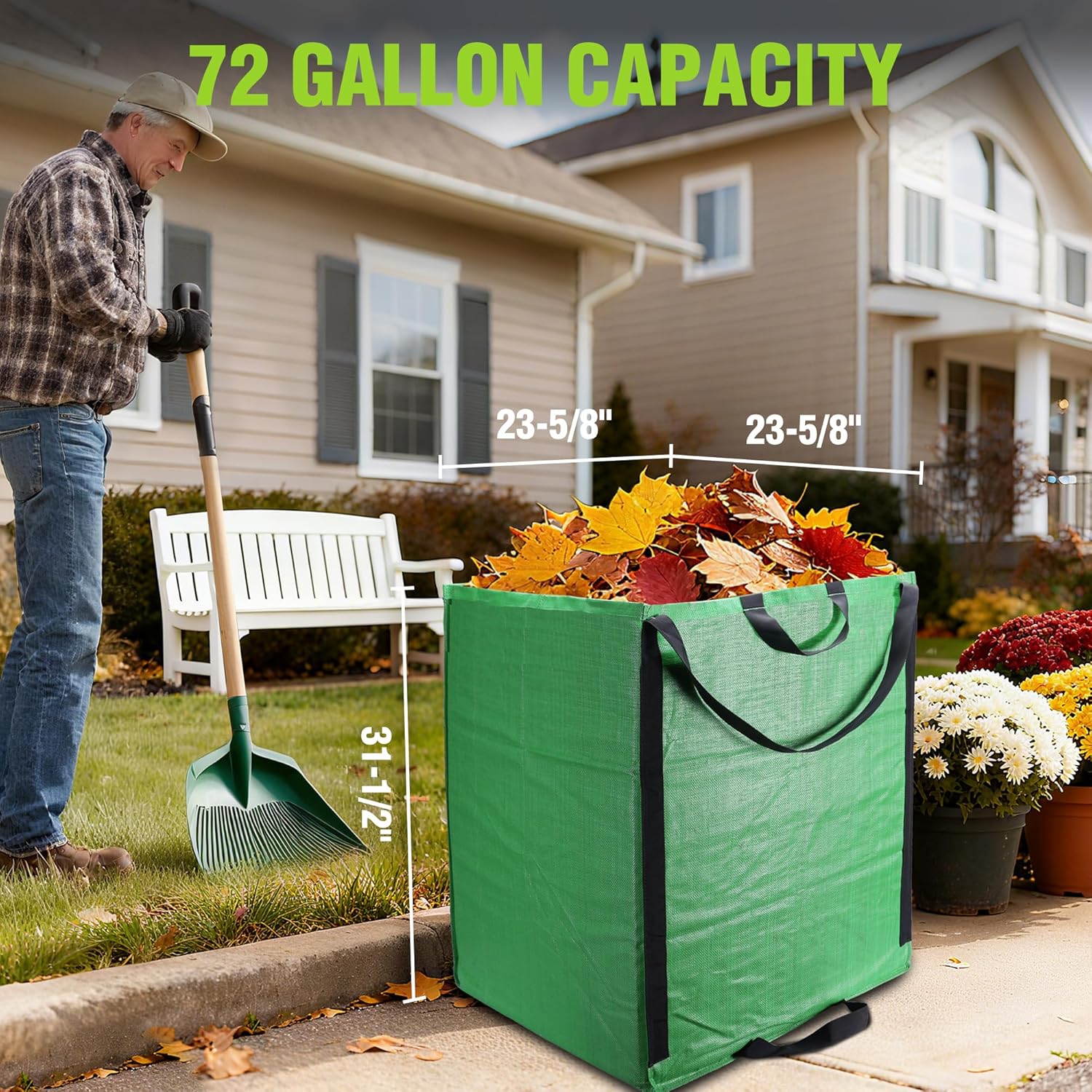 WORKPRO Heavy Duty 72-Gallon Reusable Yard Waste Bags, 3 Pack Self-standing Leaf and Lawn Bags with Reinforced Handles, Garden Waste Bags for Debris, Leaves, Grass, and Outdoor Recycling, Green
