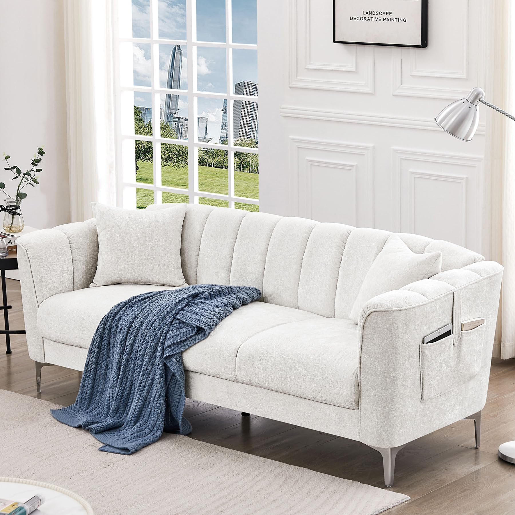 HOSTACK 77" Sofa, Modern Sofa Couch with Deep Seats, Comfy 3 Seater Sofa with 2 Throw Pillow and Pockets, Chenille Upholstered Sofa for Apartment, Living Room, Office, White