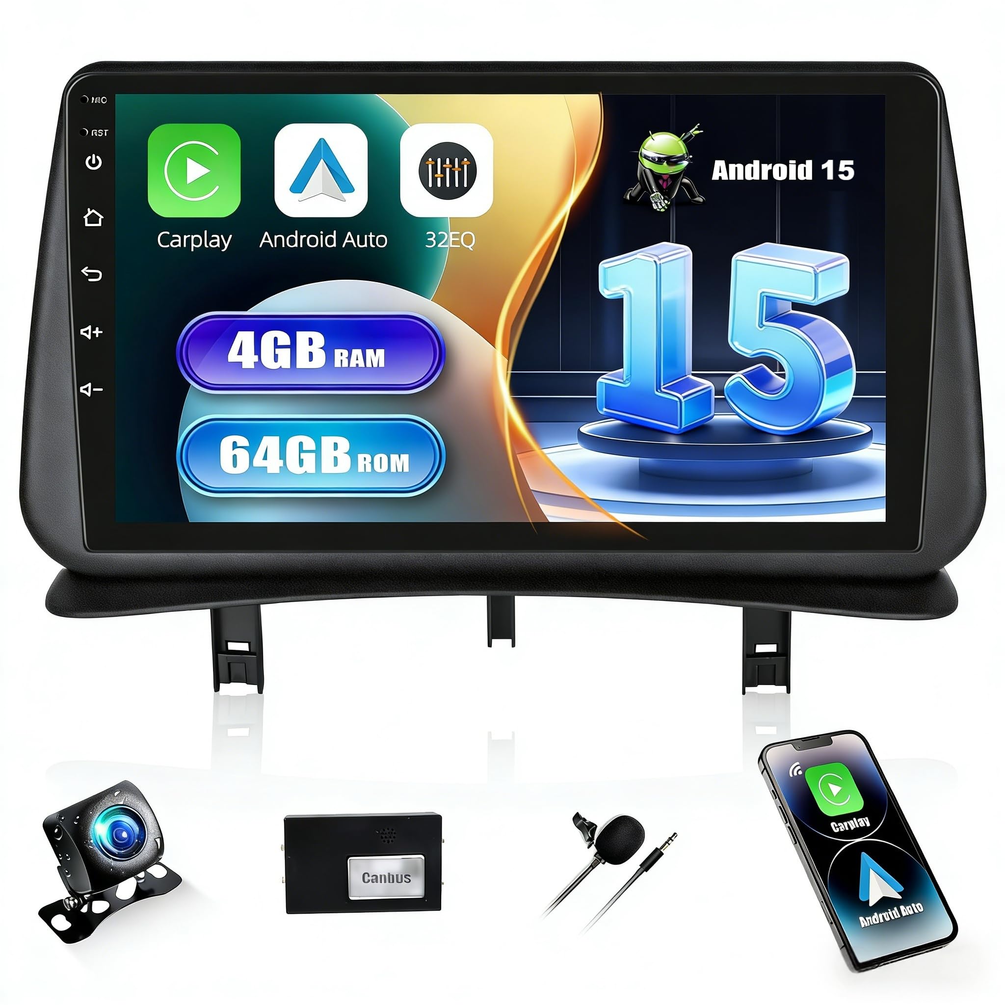 SIXWIN 4 Go et 64 Go Android 15 Autoradio pour Renault Clio 3 2005-2014 avec CarPlay Android Auto Mirror Link – Clio 3 Écran Tactile 9 Pouces Voiture, WiFi Bluetooth 5.0 FM/RDS 32EQ USB avec Caméra