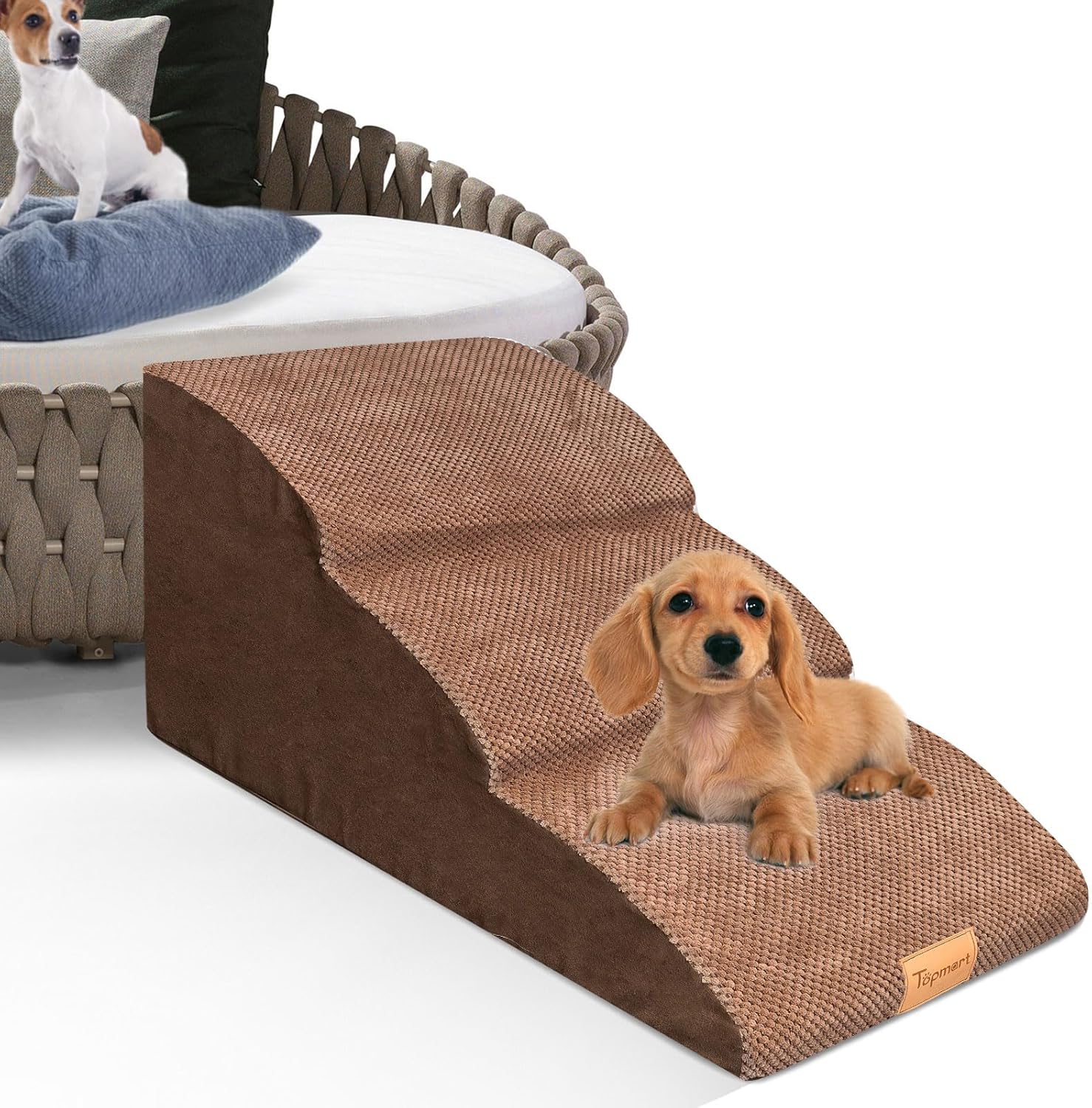 Topmart High Density Extended Foam Dog Ramp&Steps 3 Tiers,15.7″ High,Non-Slip Dog Stairs with Waterproof Cover,Soft Foam Pet Ladder,Best for Injured,Older Cats,Pets with Joint Pain