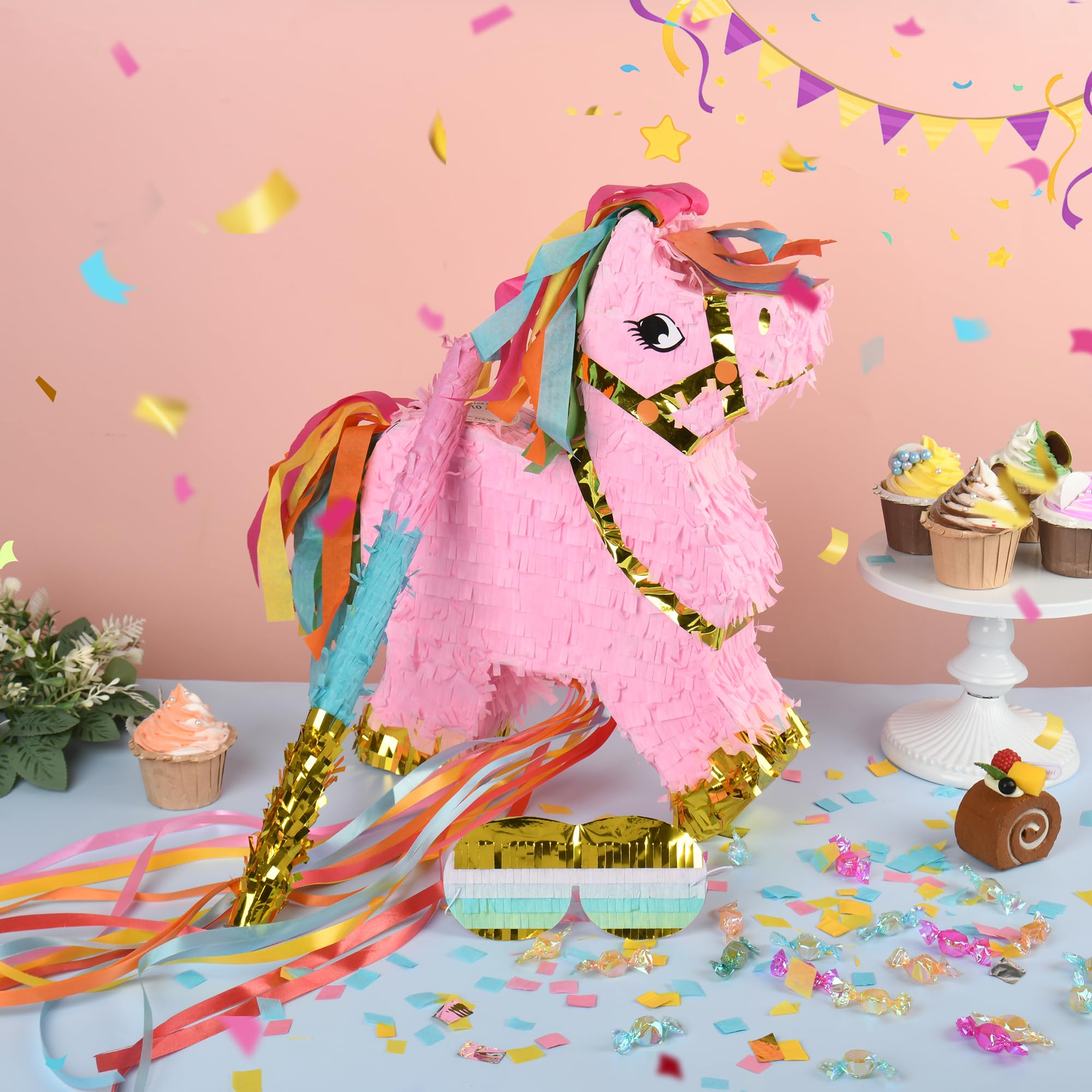 Small Pony Horse Pinata (Pink, Gold) with a Blindfold, a Bat and Confetti (16.5x12x3 Inches), Perfect for Birthday Parties, Themed Decorations