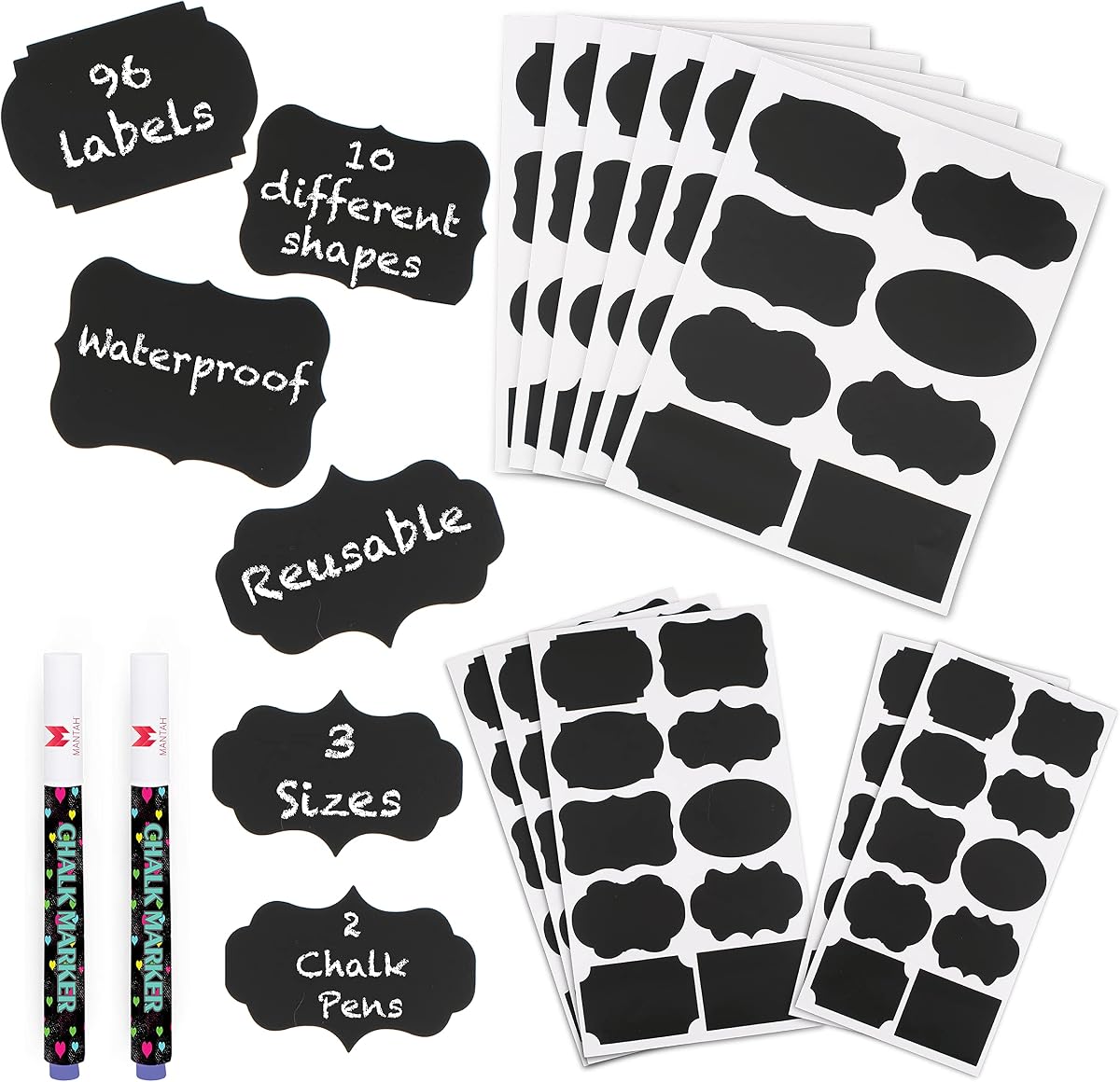 Chalkboard Label Stickers 96pcs - 9 Assorted Shapes in 3 Sizes with 2 White Chalk Marker, Reusable Waterproof Label for Storage Bin, Food Container, Jars, Containers