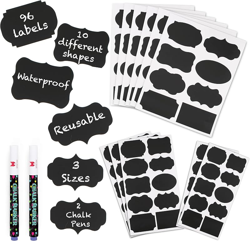 Chalkboard Label Stickers 96pcs - 9 Assorted Shapes in 3 Sizes with 2 White Chalk Marker, Reusable Waterproof Label for Storage Bin, Food Container, Jars, Containers