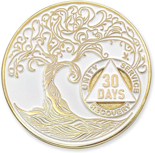 30 días1 mes Sobriety Mint Twisted Tree of Life - Medallón de recuperación AANA chapado en oro, chipficha - Blanco