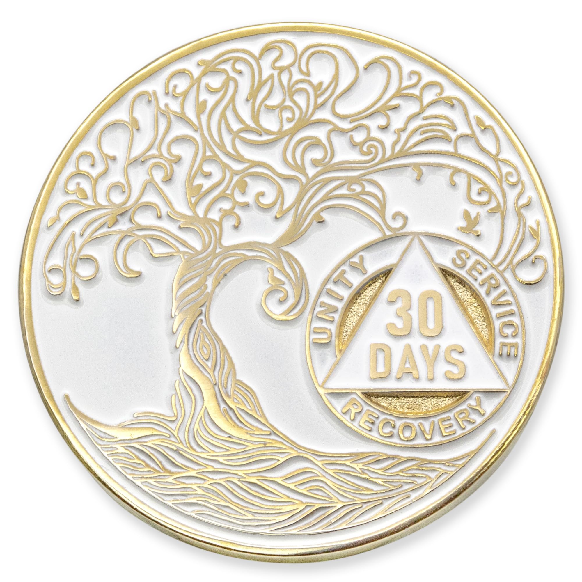 1 to 50 Year Twisted Tree of Life Sobriety Coin - Gold Plated AA Chips &amp; Medallions - 30 Days/1 Month Sobriety Coin - White