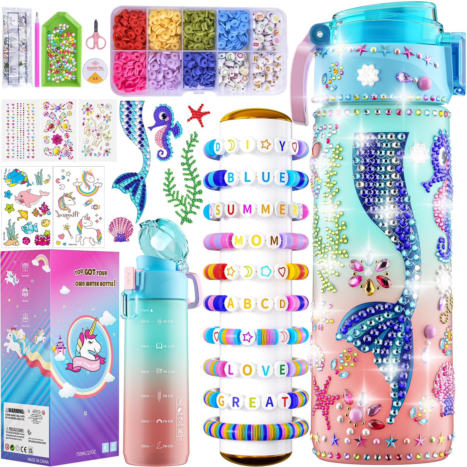Gifts for 4-12 Year Old Girl - Decorate Your Own Water Bottle Kits for Girls, Mermaid Painting Diamond Art & Crafts Kits, Clay Beads Bracelet Making Kit, Birthday Gifts Toys for Ages 6-12