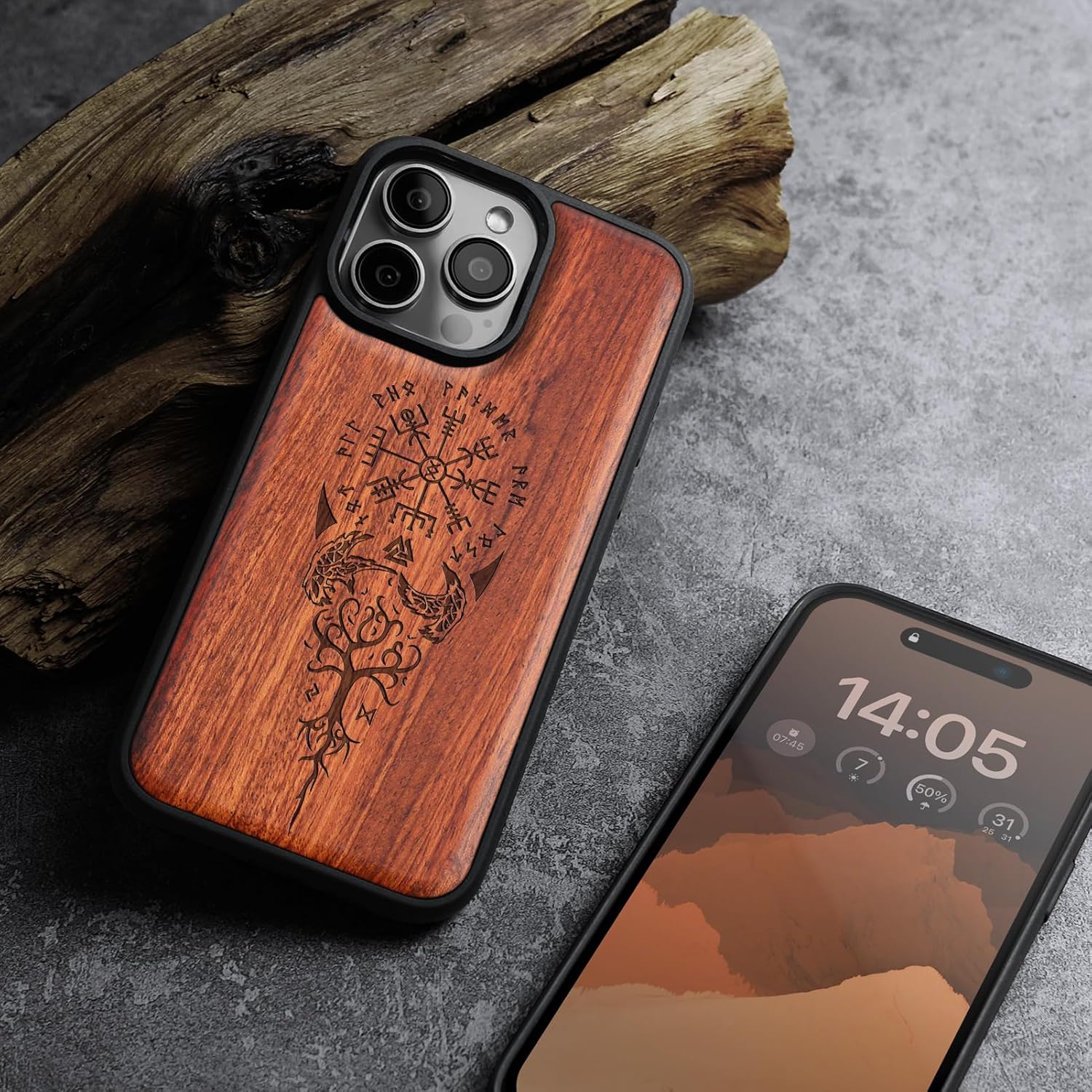 Carveit Magnetic Wooden Case for iPhone 16 Pro Case, Wood Artisan Engraved & Black Soft TPU Shockproof Cover, Compatible with MagSafe Wireless Chargers (The Guiding Vegvisir) Rosy