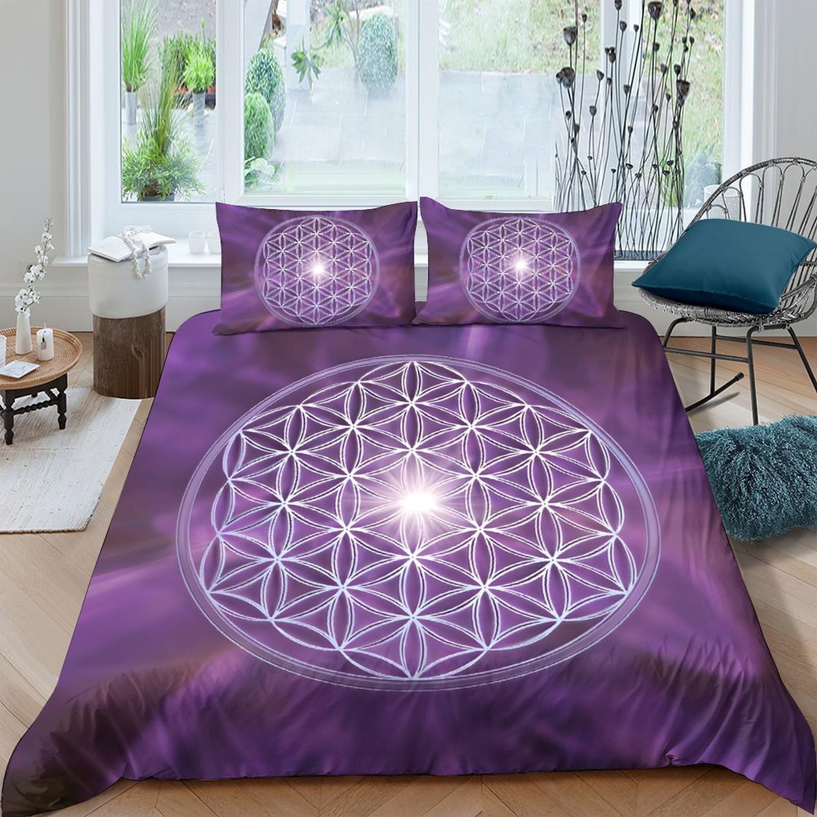 Ctjqhvkz Style-7 3D Printed Purple Flower Of Life Fitted Sheet Microfiber Soft Breathable Sacred Geometry Bed Cover For Bedroom Dorm Decor Single（135X200cm）