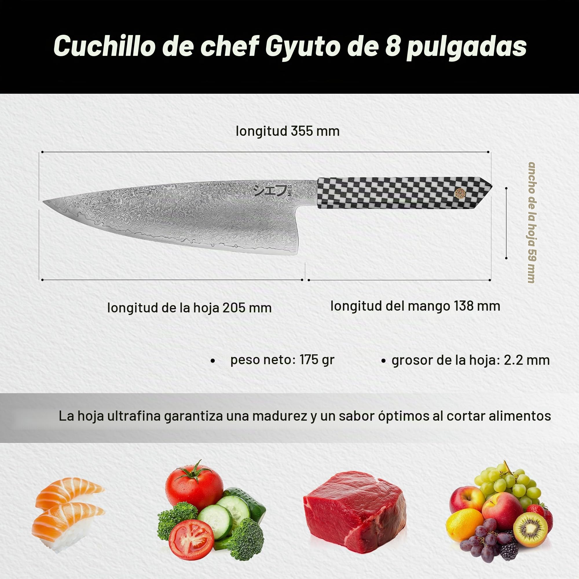MEG Cuchillo Chef Gyuto Japonés 20,5 cm, Damasco 67 Capas con Patrón Gotas de Lluvia, Núcleo 10Cr15CoMoV, hasta 62 HRC, Mango Octogonal de Resina, Caja de Acacia