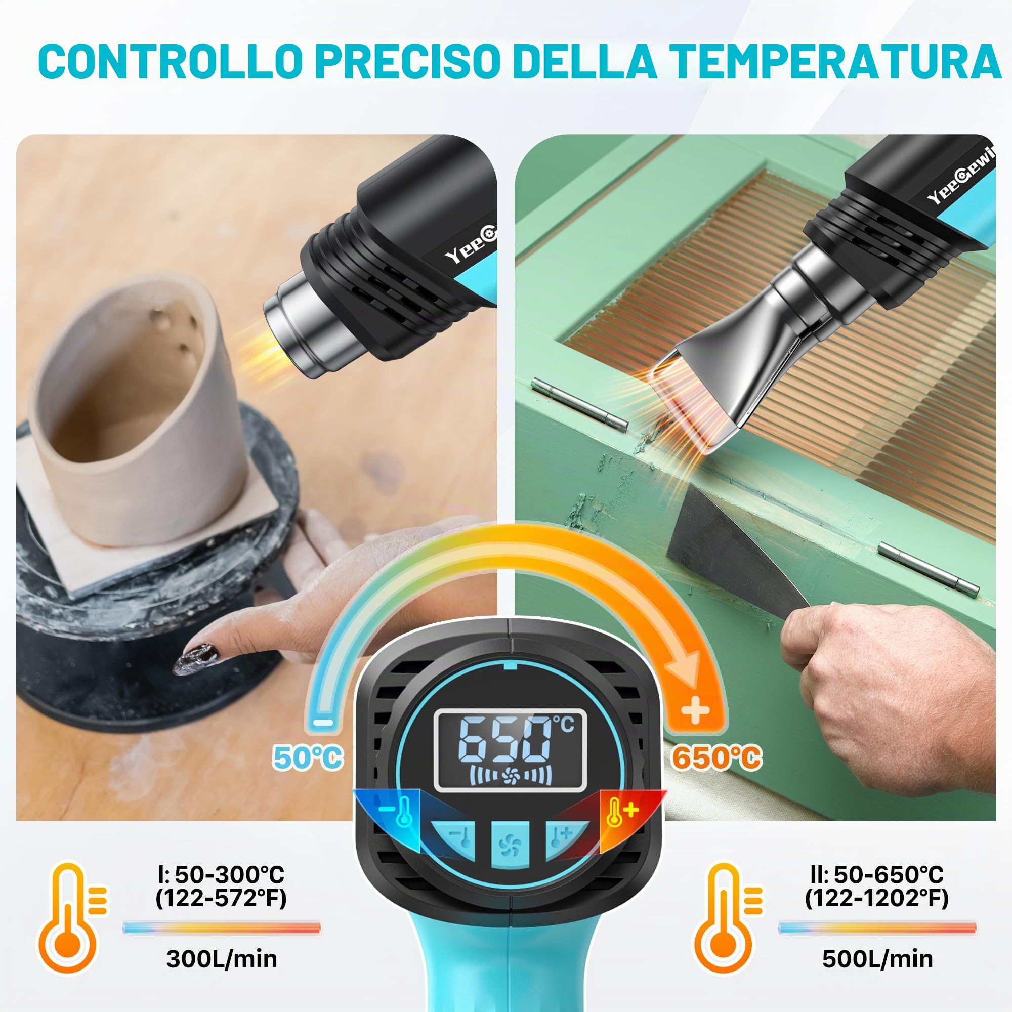 Pistola Termica 2000W, 50-650 ℃ Controllo Della Temperatura Regolabile Pistola ad Aria Calda Professionale con Display LCD, Protezione da Surriscaldamento, per Sverniciatura, Termoretraibile