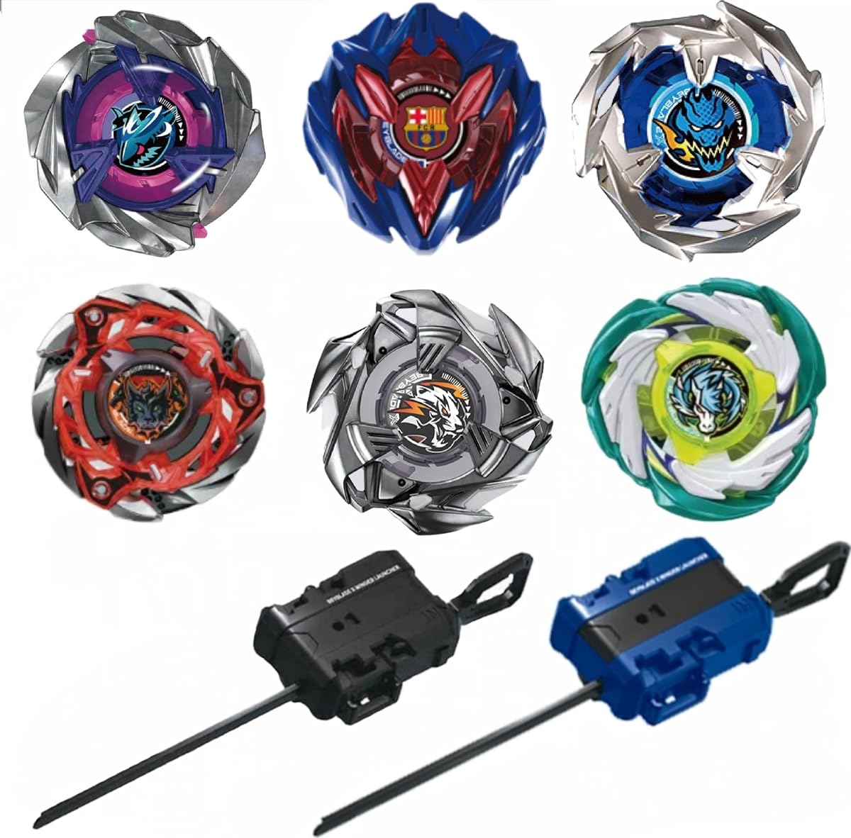 X Battle Blades, 6 Gyro Spinning Tops with 2 Ripcord Launchers