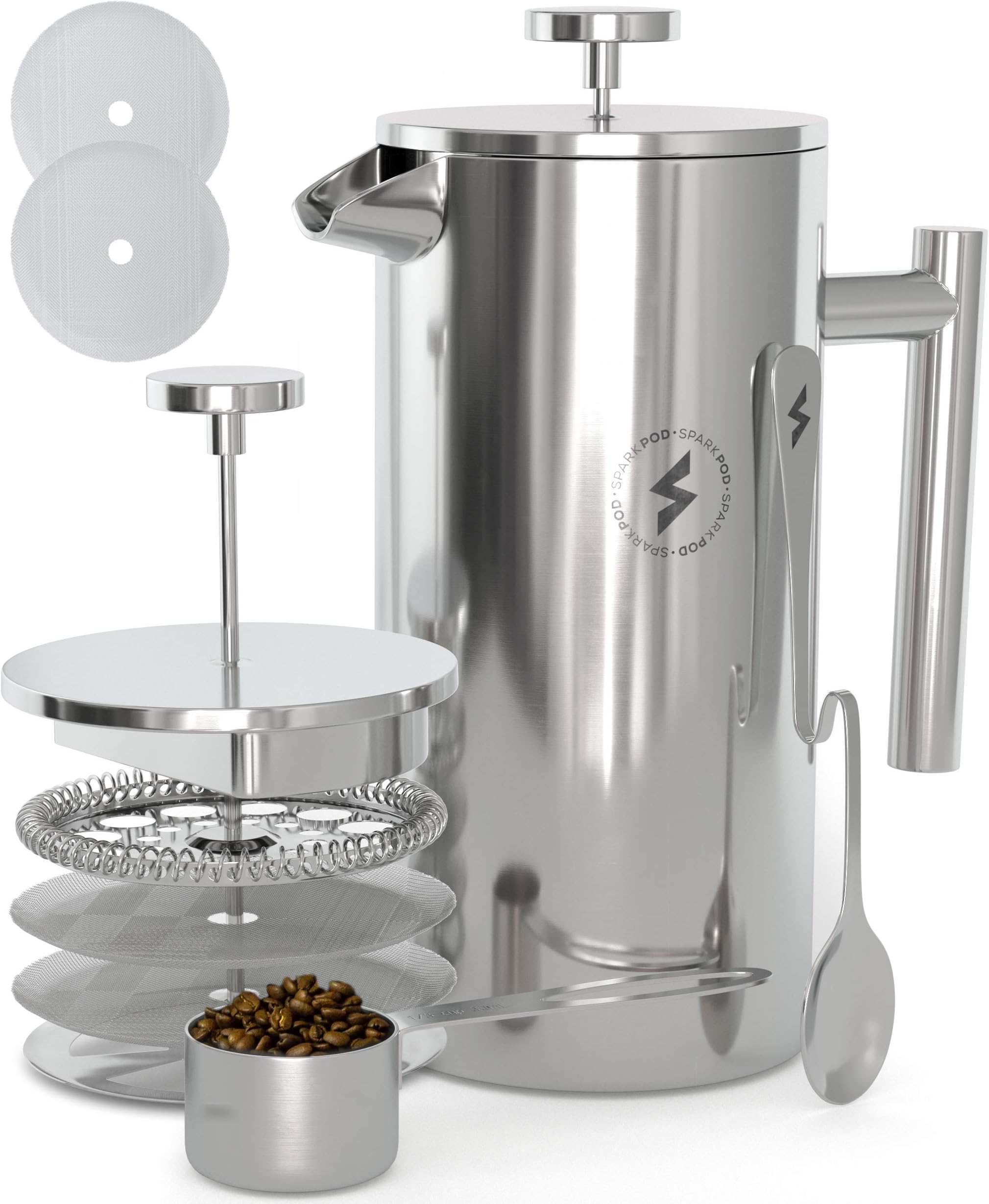 Brill Stone French Press Coffee & Tea Maker Complete Bundle (34 Oz â 1 Liter) 4 Items â Double Wall Stainless Steel French Press, Serving Scoop, Dessert Spoon & 4 Ultra-Fine Filter Screens
