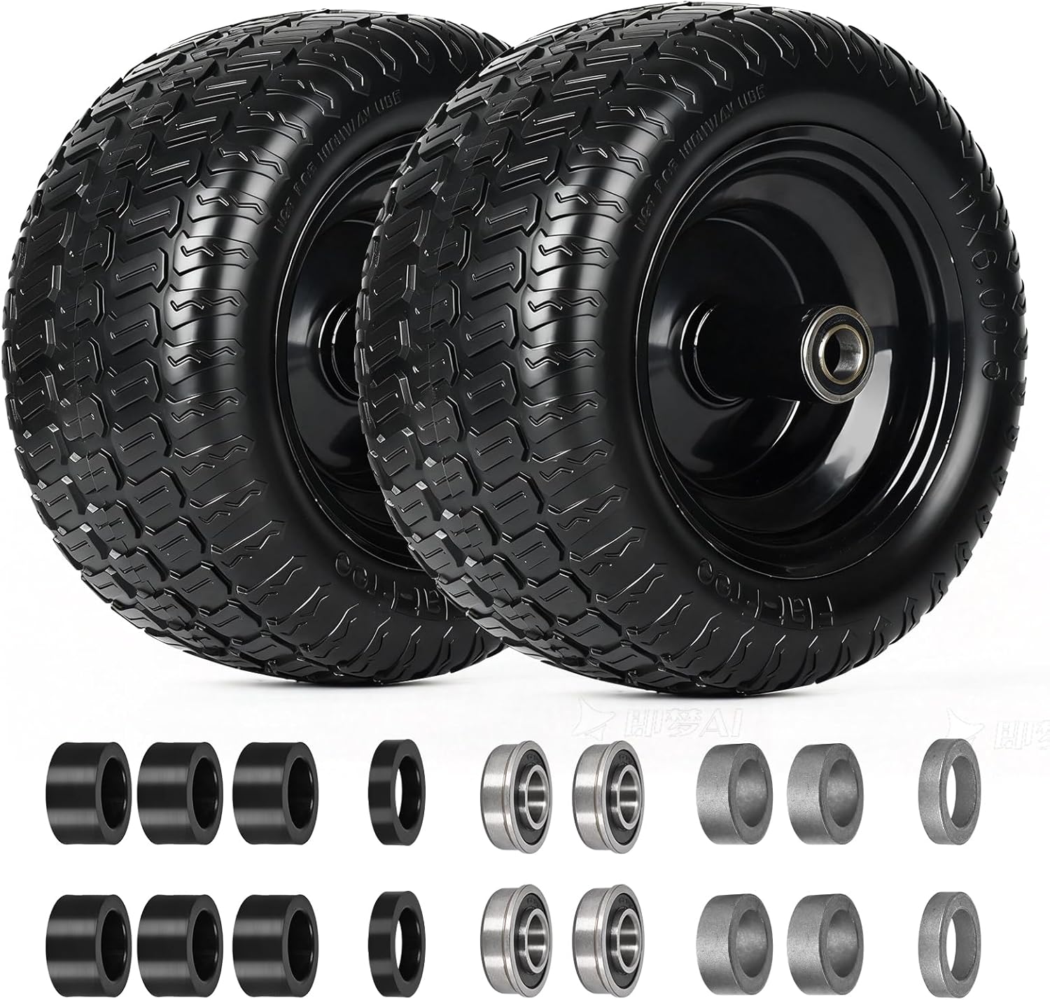 11x6.00-5" Flat Free Tires – 11x6-5 Solid Treaded Lawn Mower Tires/Wheel with 3/4" & 5/8" Bearings, 6"-8" Centered Hub – Fits Bad Boy, Cub Cadet, Zero Turn Mower, Riding Lawn Mower, 2 Pack
