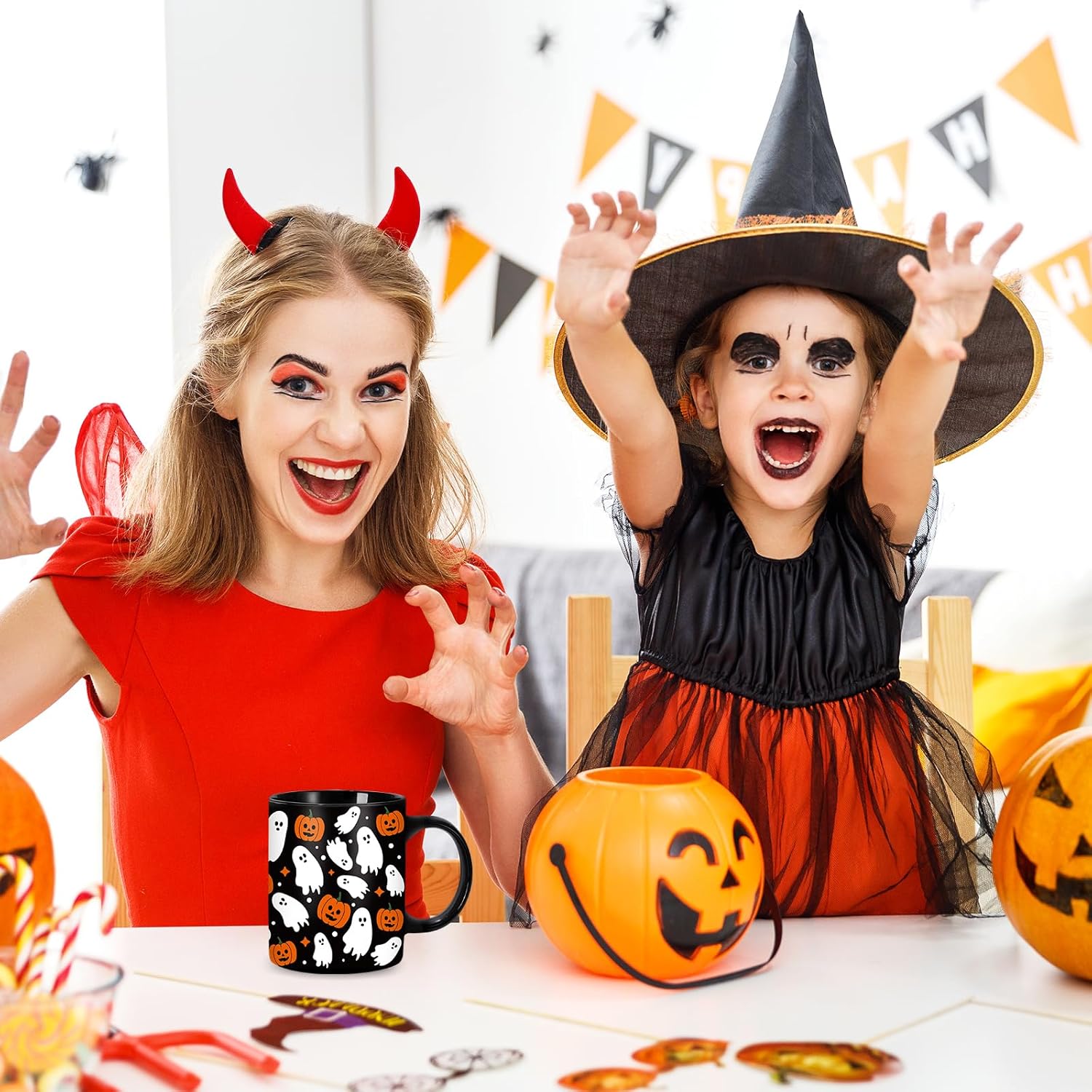 Whaline Halloween Mug Ghost Pumpkin Coffee Mug Black White Orange Ceramic Drinking Mugs for Halloween Party Supplies Table Centerpieces, 12oz - Image 6