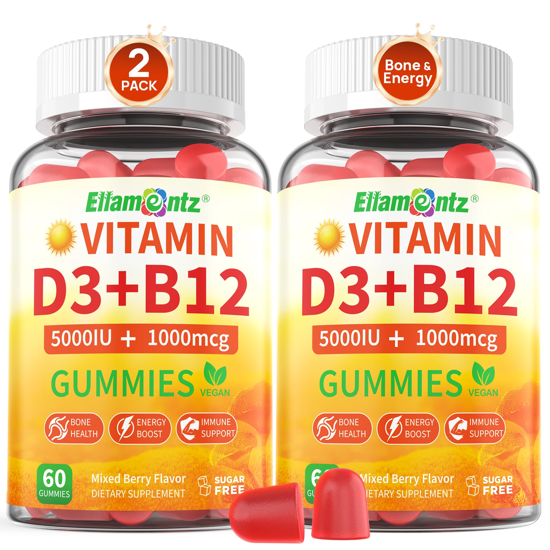Vegan Vitamin D3 5000 IU + Vitamin B12 1000 mcg Gummies, (Made in USA) High Absorption Vitamin D3 and B12 for Adults - Immune Support, Energy, Bone Health, Cognitive, Sugar-Free, 120 Gummies