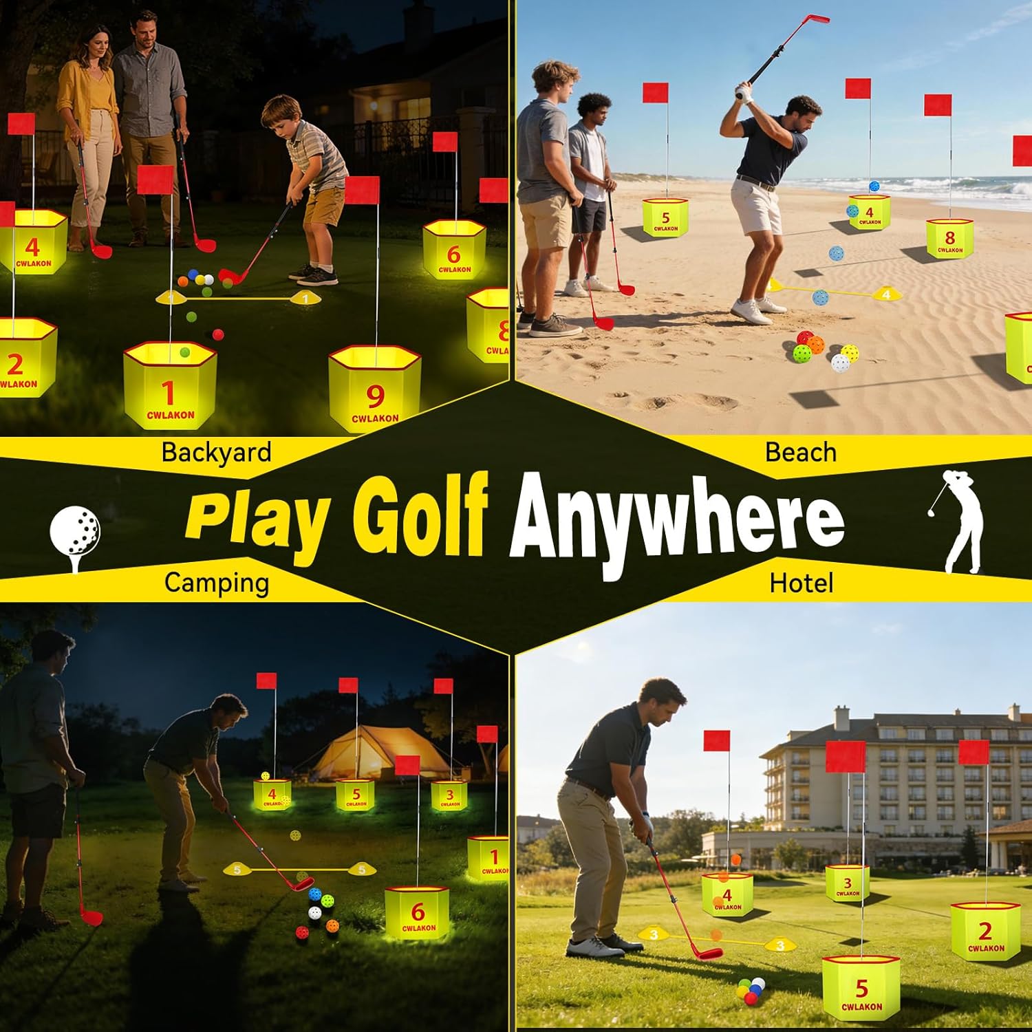 CWLAKON Backyard Golf Game with 2 Clubs & Light, Yard Golf Game Glow in The Dark 9 Holes with Balls, Outdoor Night Light up Yard Golf Chipping Game for Adults Kids, Field Day Family Reunion Party Game