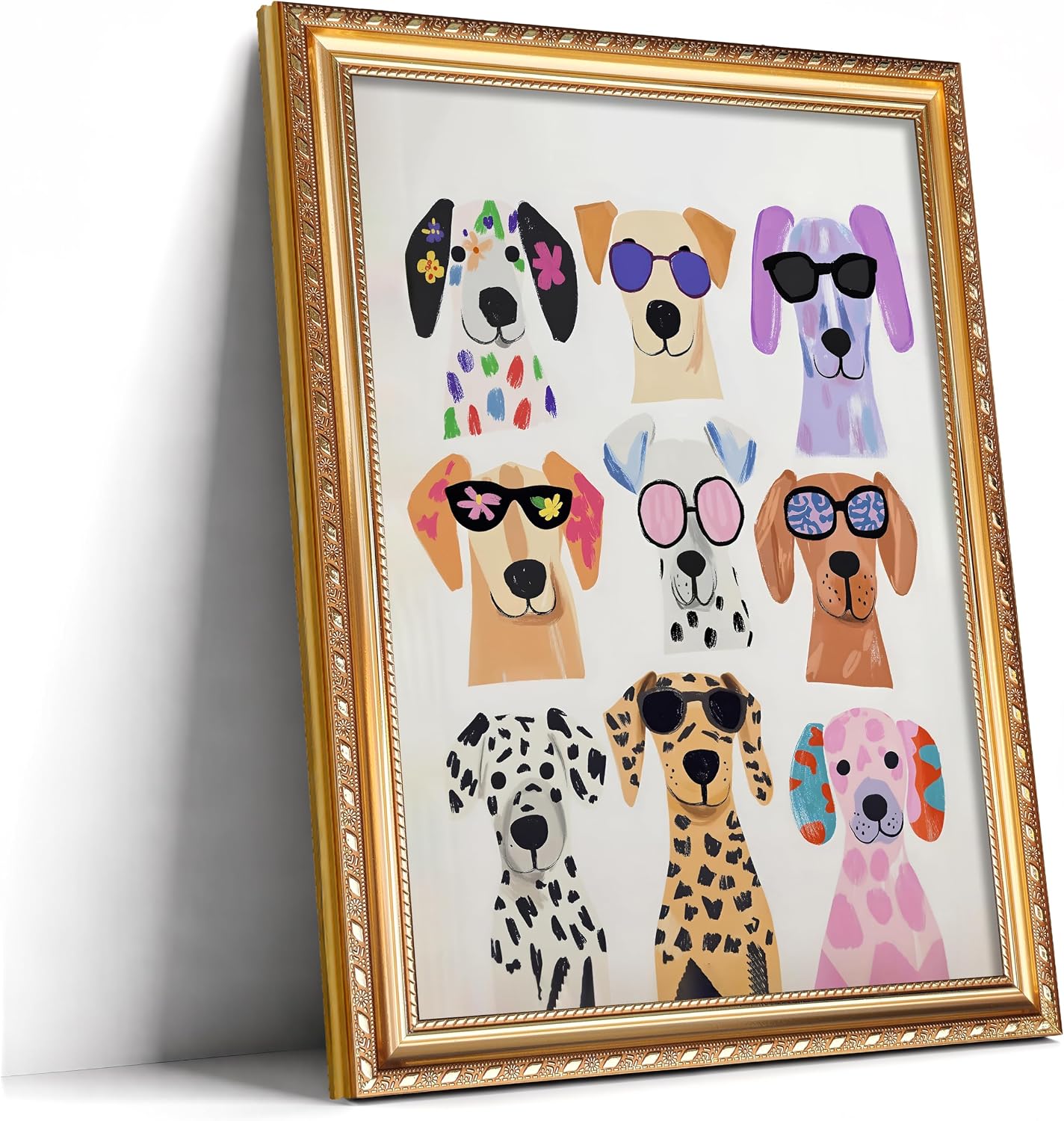 Yudinbin Gold Framed Funny Dog Wall Art, Colorful Puppy Nursery Decor 8x10