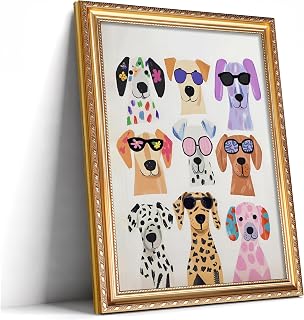 Yudinbin Gold Framed Funny Dog Wall Art, Colorful Puppy Nursery Decor 12x16 | Colorful 9 dogs with sunglasses canvas. Vintage gold framed dog wall decor. Damage-free adhesive strips included.
