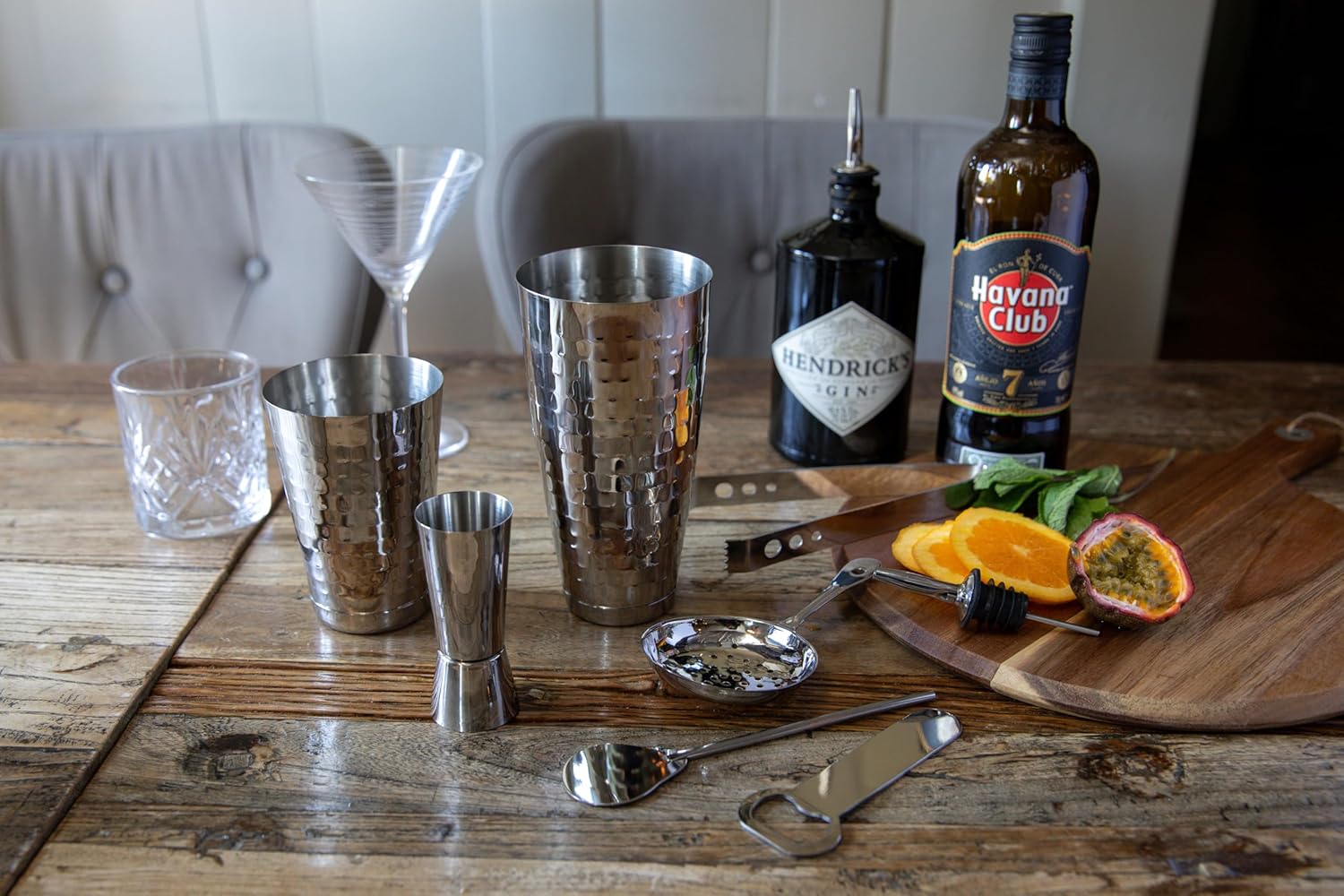 BarCraft 8-Piece Cocktail Set, Silver, in Gift Box, Includes Cocktail Shaker, Jigger, Tongs, Mixing Spoon, Bottle Opener and 2 Bottle Pourers, Stainless Steel