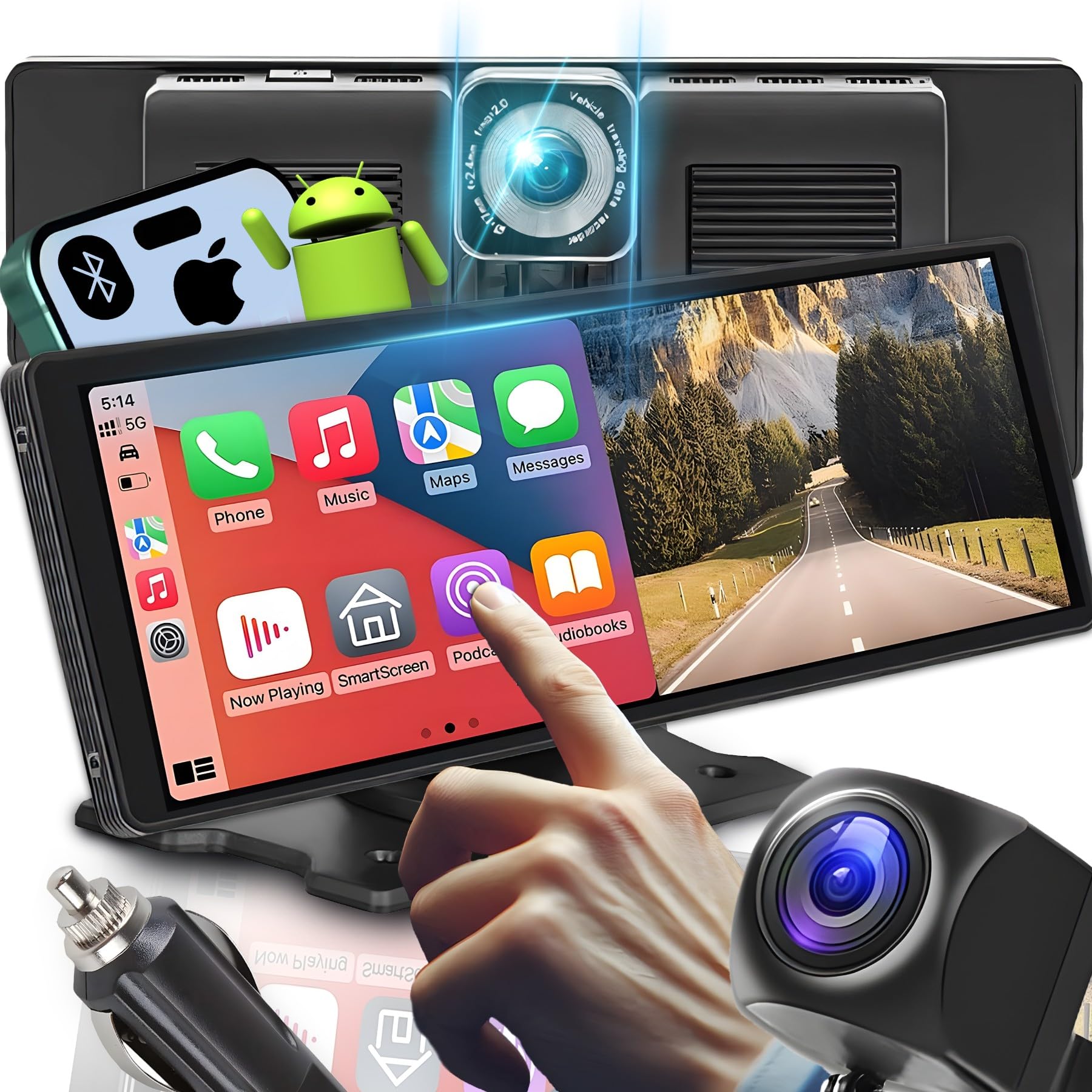 Retoo Wireless CarPlay Android Auto Display 10,3 Zoll IPS mit SD 64GB-Karte Gratis, Rückfahrkamera, Touchscreen, für Alle KFZ, Dashcam Bluetooth, FM-Transmitter, AUX, Plug&Play, Hohe Auflösung