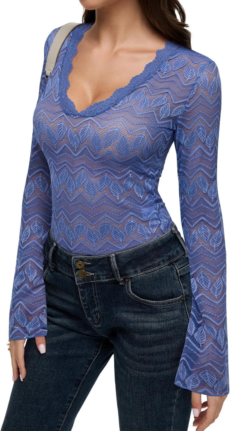 REORIA Women's Sexy Lace Sheer Mesh Tops Long Bell Sleeve Basic Tee Y2K Going Out T Shirts Deep V See Through Blouses - Image 3