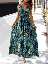 Women's Summer Dress Sexy V Neck Maxi Dresses Sleeveless Boho Floral Print Beach Dress with Backless Long Sundress