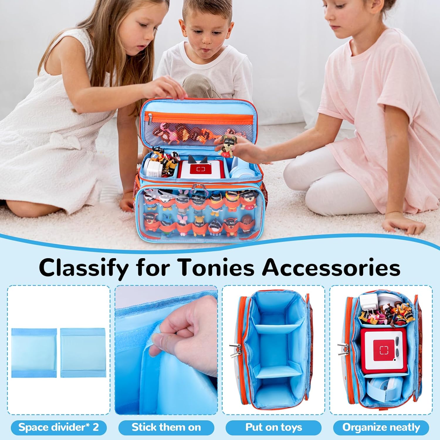 Carrying Case Compatible with Tonies Box with Clear Front Window, Large Storage Bag with 14 Elastic Bands for Tonies Figures Characters, Travel Organizer Case for Tonie Accessories (Blue)