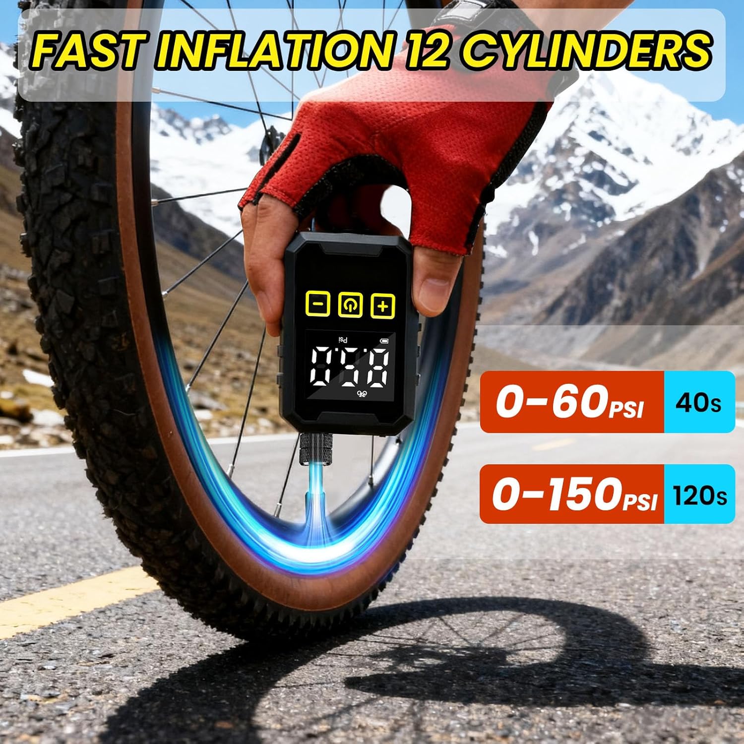 Mini Bike Tire Air Pump, 150 Psi High Pressure Pump with Presta and Schrader Valve 2in1, Fast Inflate Portable Small Bicycle Electric Pump with Digital Gauge for Road Bike, City, Mountain Bike, E-Bike