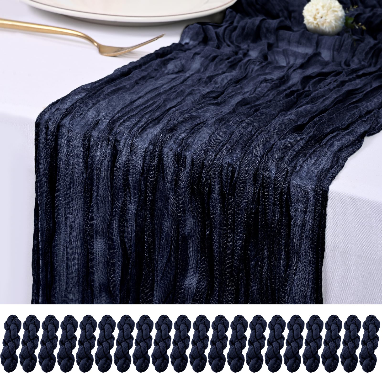 Photo 1 of 20 Pack Navy Blue Cheesecloth Table Runner 17x108 Inch Semi Sheer Boho Rustic Gauze Cheese Cloth Table Runners for Wedding Party Birthday Baby Shower Home Décor