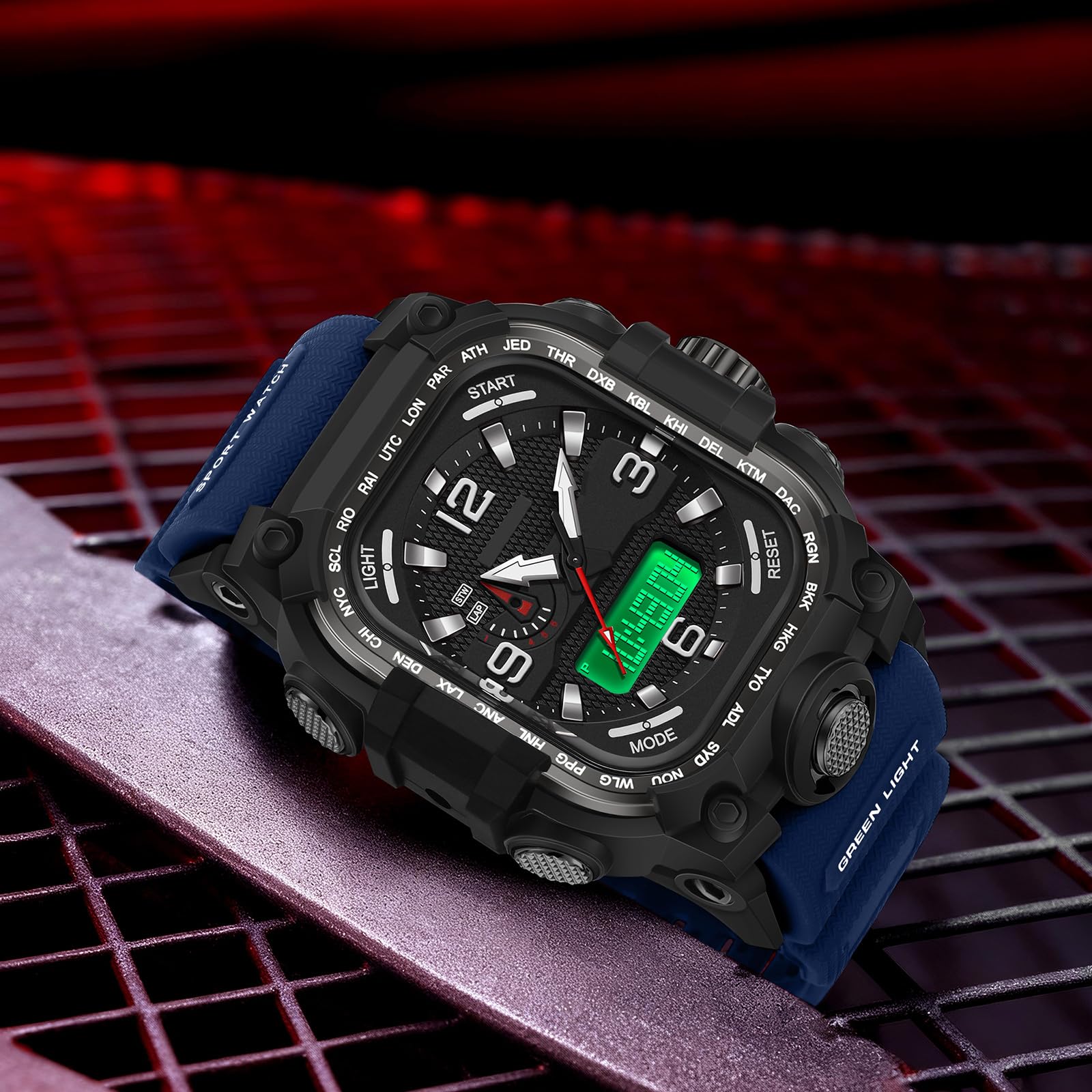 findtime Relojes para hombre, reloj militar para exteriores, reloj de pulsera rectangular, digital, diseño analógico, reloj deportivo para hombre, resistente al agua 5 ATM, iluminación con fecha, 12