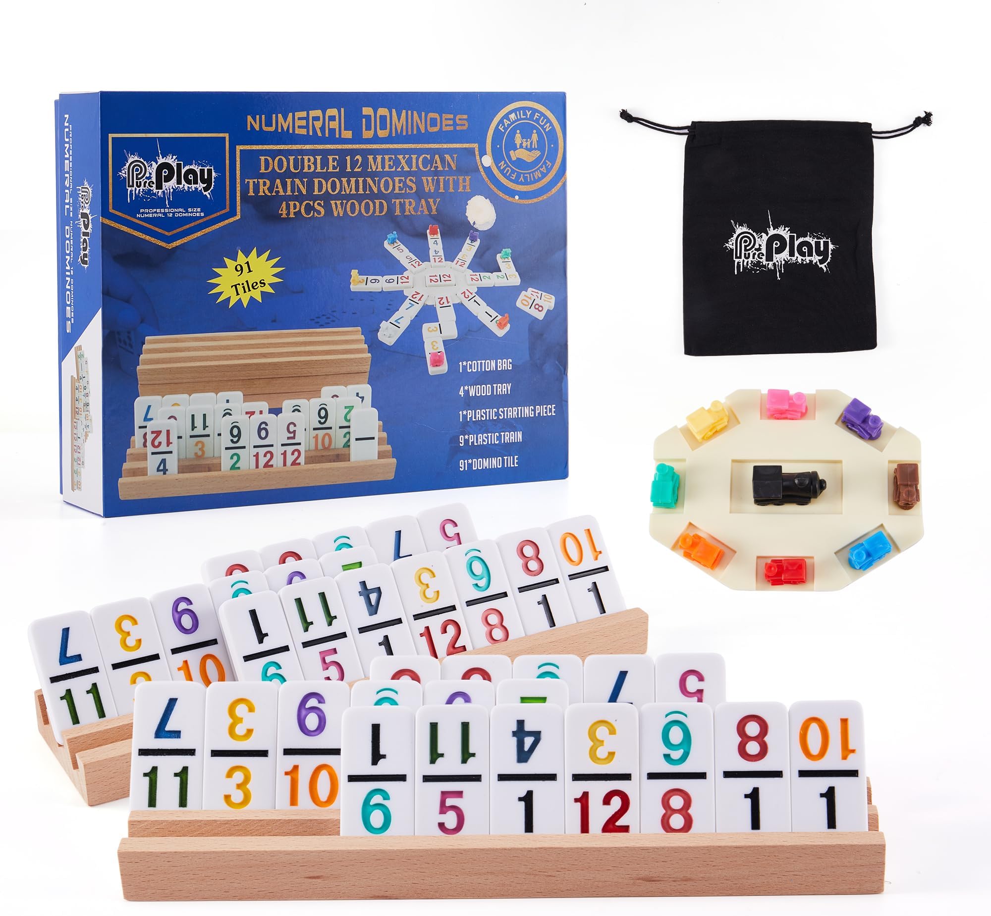 PUREPLAY Mexican Train Dominoes Set with Numbers - Double 12 Colored Number Dominoes - 91 Tiles, 9 Trains, 4 Wooden Trays & Storage Bag for 2-8 Players Ages 8+