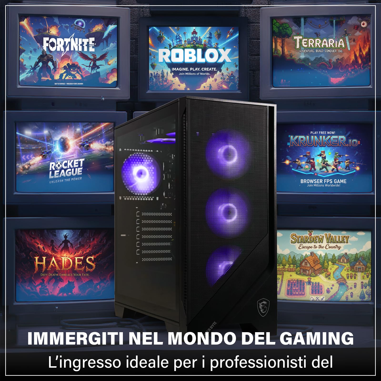 HYPER BYTE® Gaming Pc Essential - Computer con AMD Ryzen 3 3200G 4,0 GHz | Vega 8 | 16 GB RAM DDR4 | Disco rigido SSD 256 GB | Desktop tower per gamer | WLAN | Windows 11 Pro