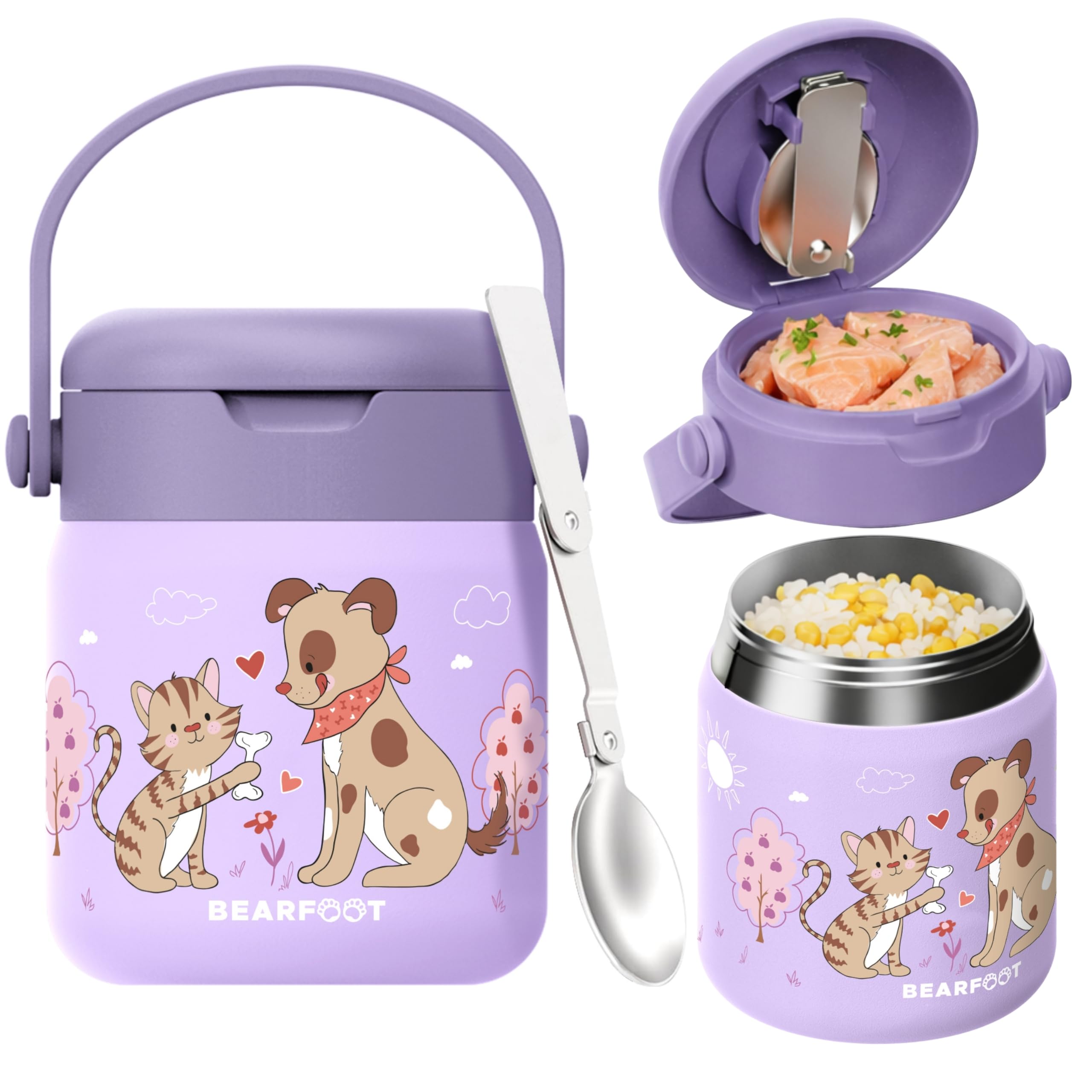 BEARFOOT Kinder Thermobehälter Edelstahl 500ml, BPA-frei | Auslaufsicher, mit faltbarem Löffel & Tragegriff, für Kindergarten & Schule