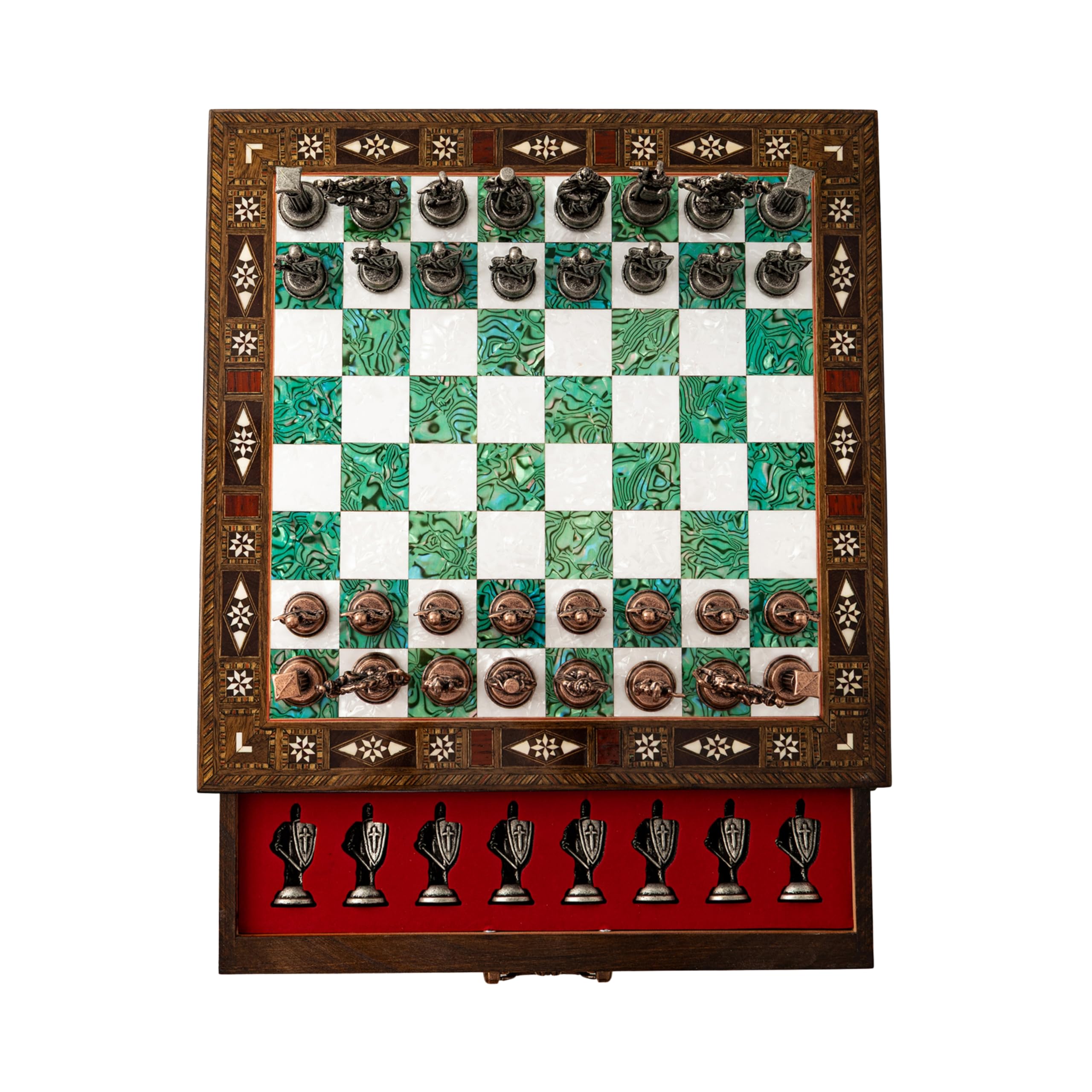Luxury Handmade Wooden Chess Set with Metal Pieces – 12.2'' Decorative Storage Chess Board – British Themed Chess Pieces for Christmas, Birthday & Father’s Day (Green)