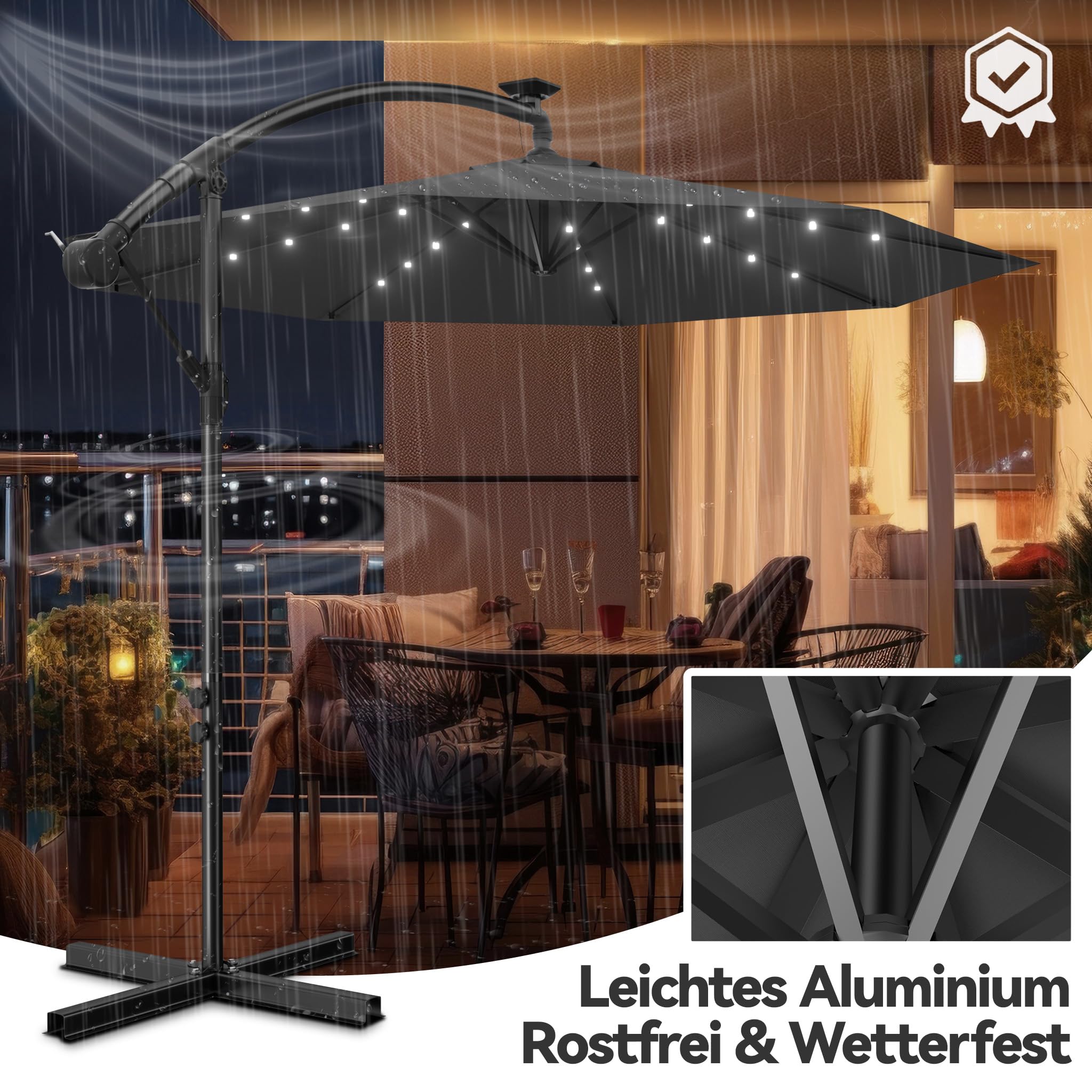 LZQ Aluminiowy parasol przeciwsłoneczny z mechanizmem korbowym, parasol ogrodowy, ochrona przed promieniowaniem UV 40+, na balkon, do ogrodu, na taras