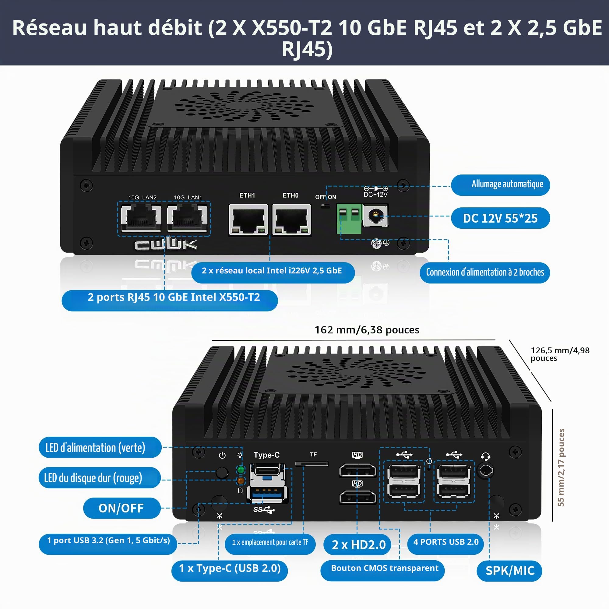 CWWK N150 Mini PC (Mis à Niveau N100) Firewall avec 4 Port 10GbE RJ45 + LAN 2.5GbE, S7 Pro OPNsense Appliance Mini Computer, Micro PC Barebone DDR5 sans RAM/SSD, 2-NVMe, USB-C, TF